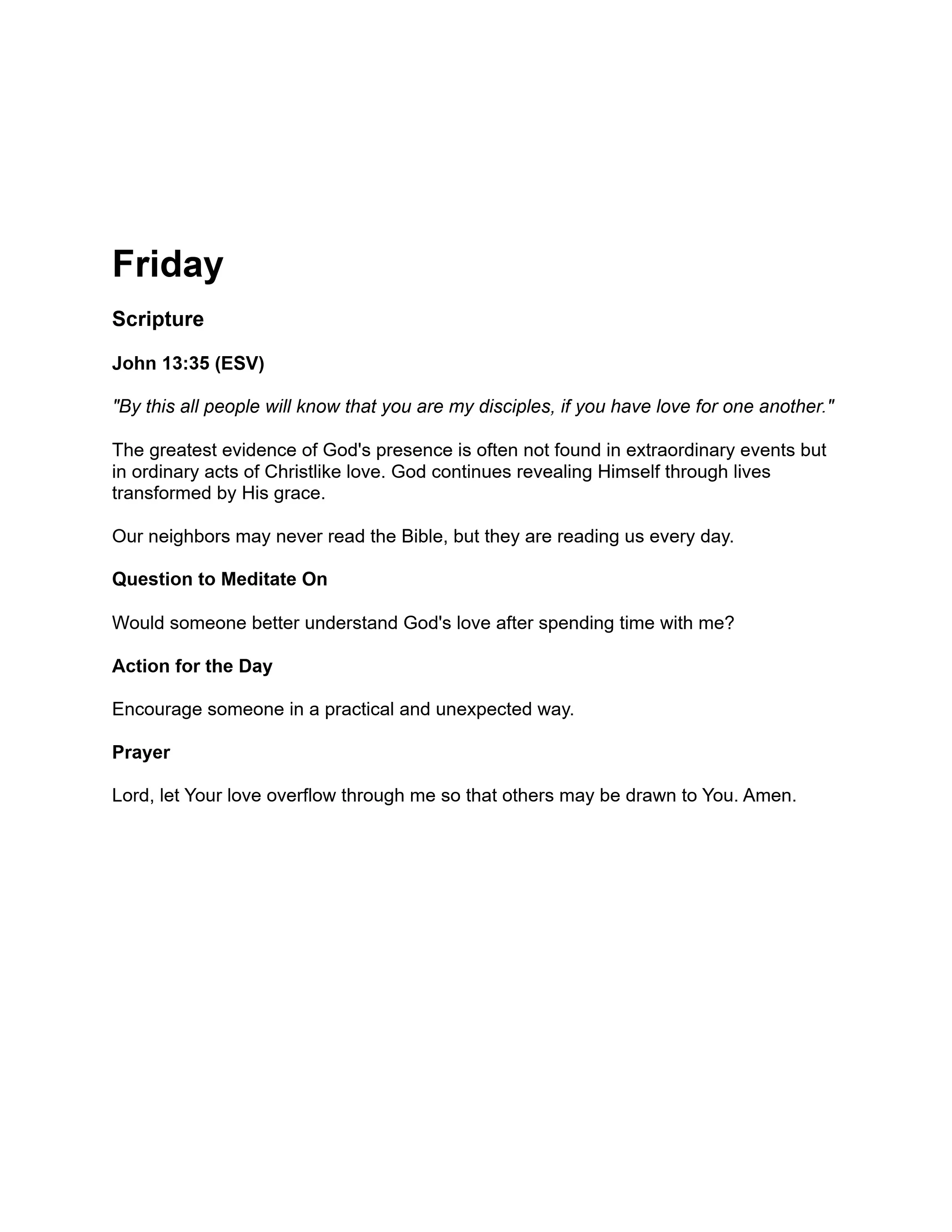 A daily devotional for Friday based on John 13:35. It discusses showing God's love to others through our actions, with a question, action, and prayer.