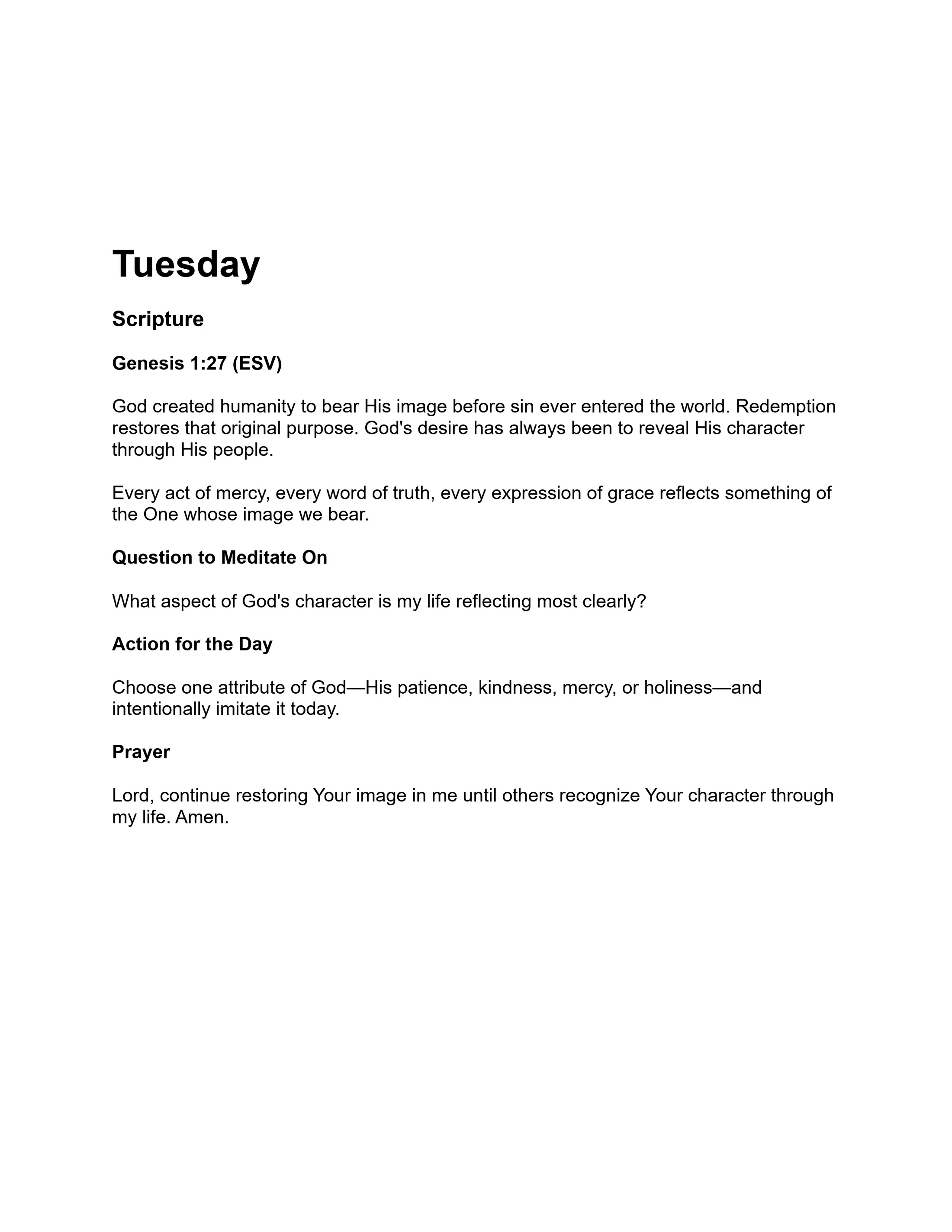A daily devotional for Tuesday based on Genesis 1:27. It includes a scripture passage, a question for meditation, an action for the day, and a prayer.