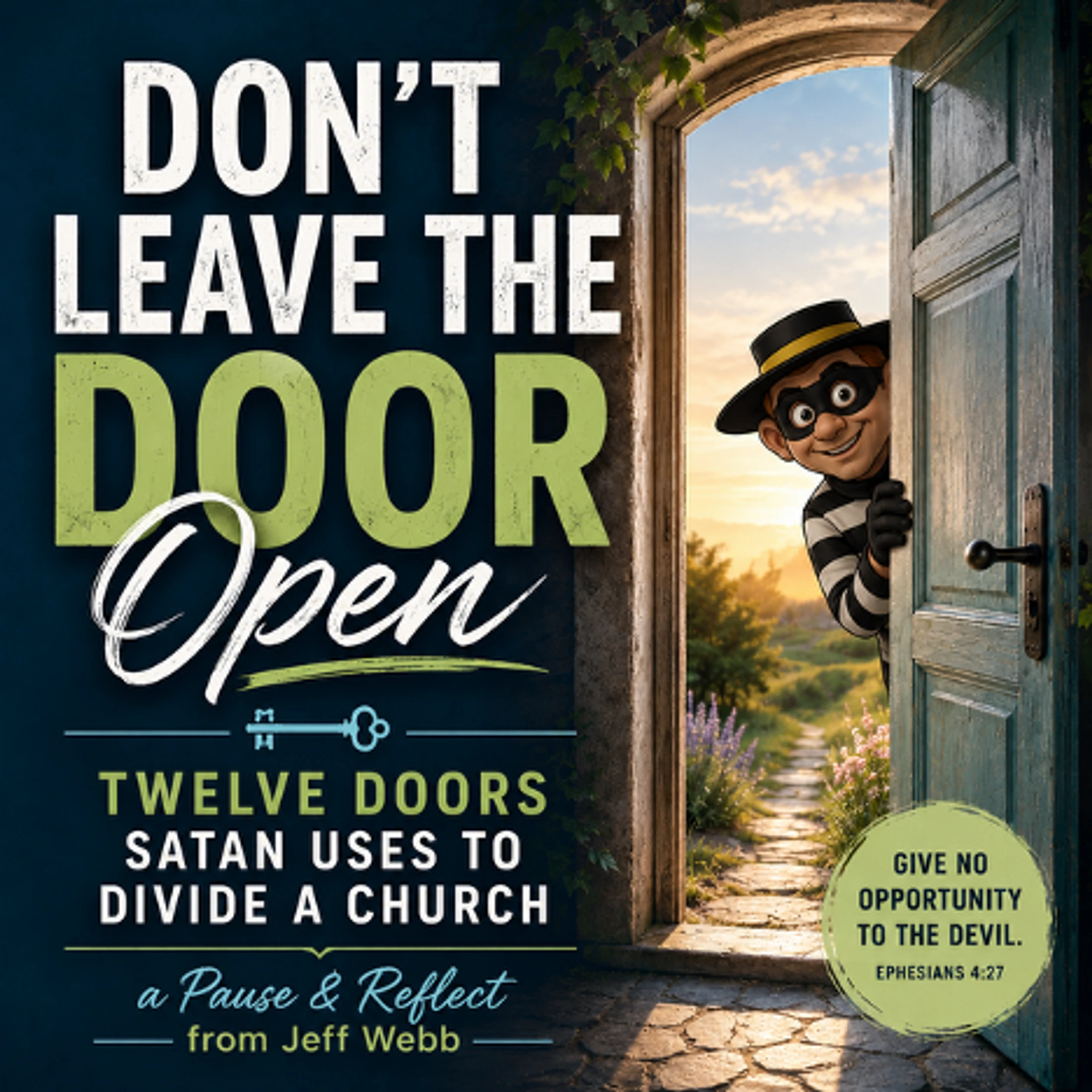 A book cover shows a cartoon thief peeking through an open door, symbolizing Satan seeking to divide a church, with text from Ephesians 4:27.