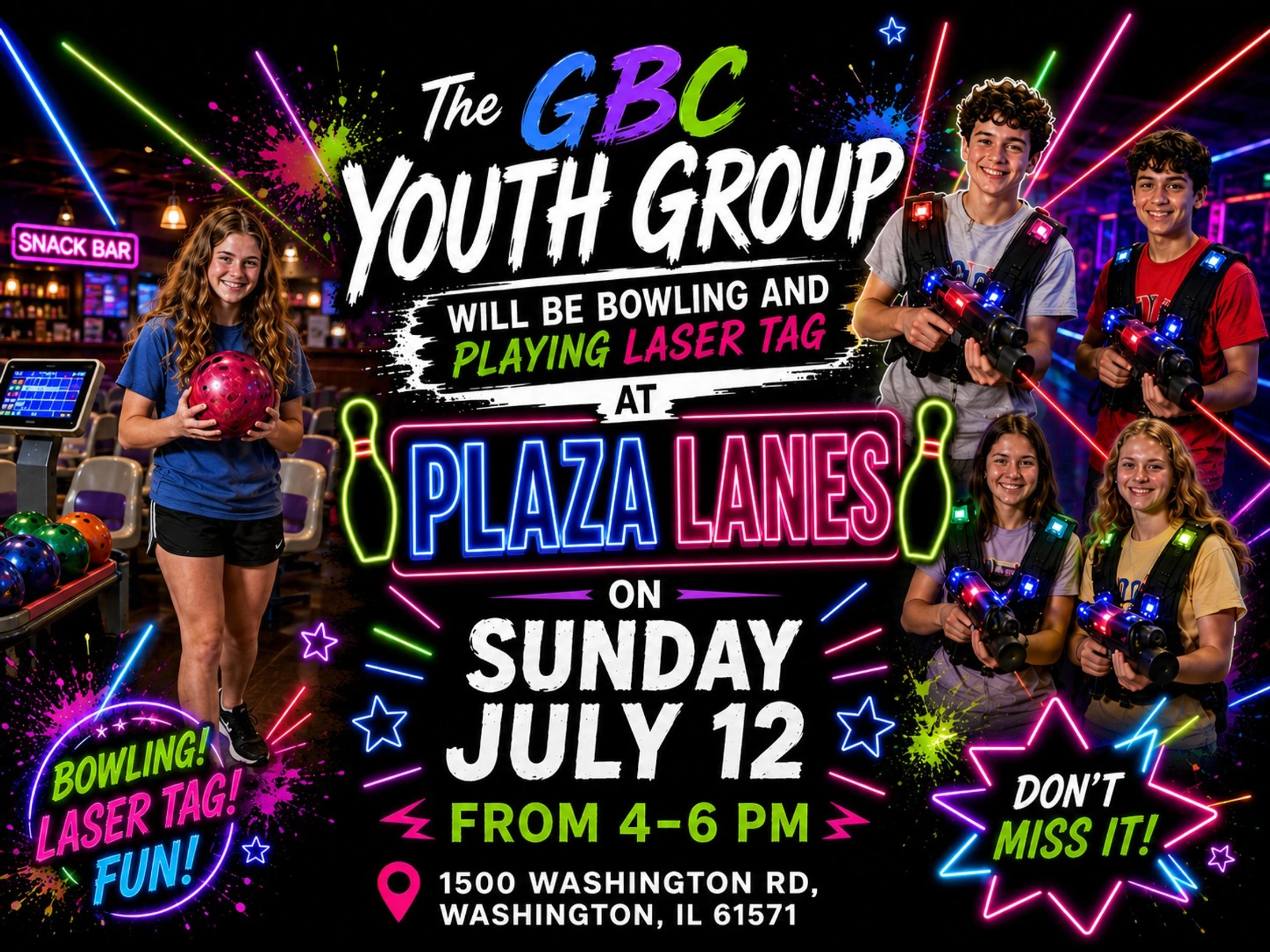 A vibrant flyer for a youth group event featuring teens bowling and playing laser tag, with neon text announcing the date, time, and location.