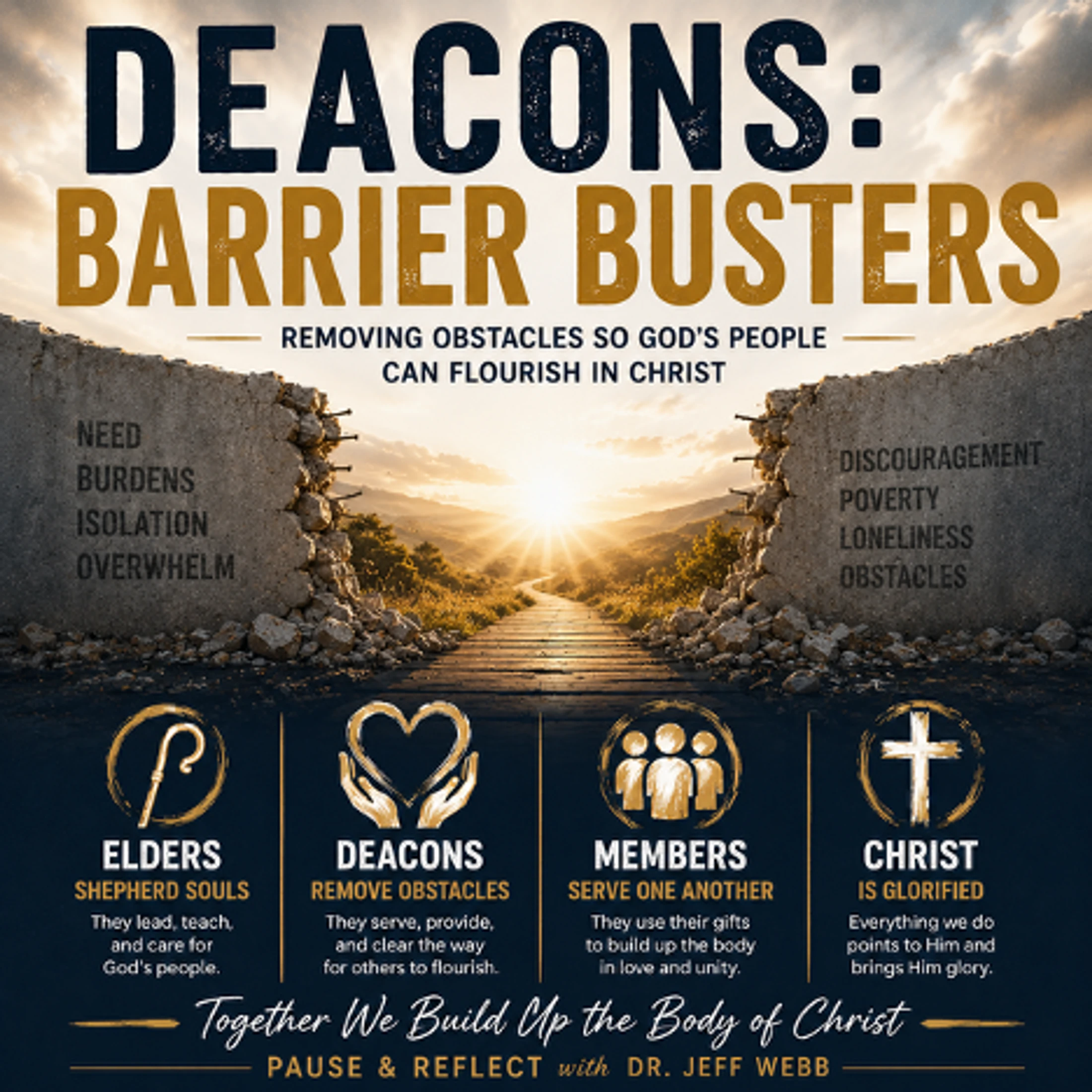 An infographic showing a broken wall revealing a path to a sunrise, symbolizing deacons removing obstacles for God's people to flourish in Christ.
