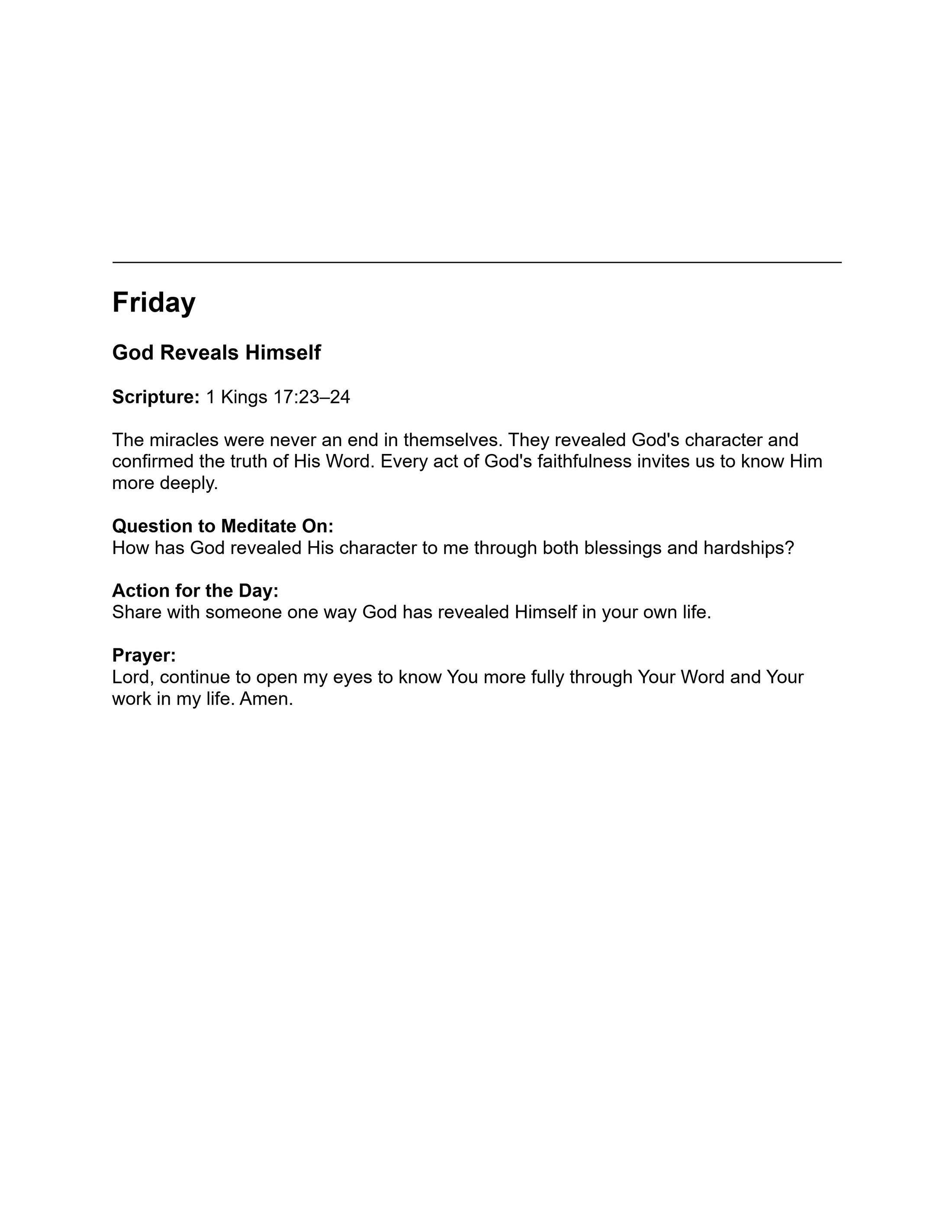 A daily devotional page for Friday titled 'God Reveals Himself.' It includes a scripture reading, a meditation question, an action for the day, and a prayer.