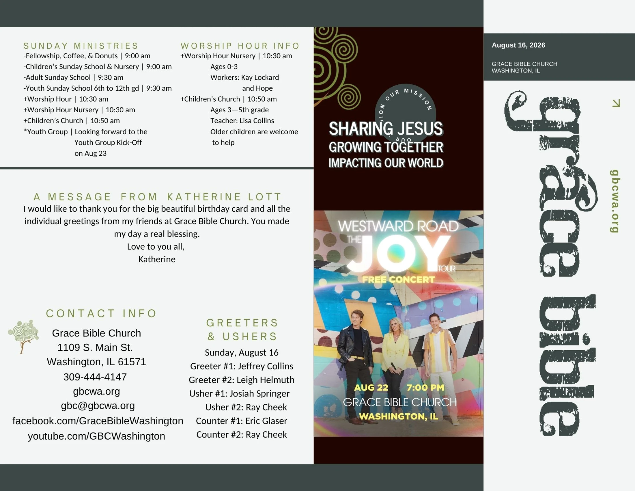 A bulletin for Grace Bible Church from August 2026, detailing Sunday service times, staff info, and a flyer for a free concert by the band Westward Road.