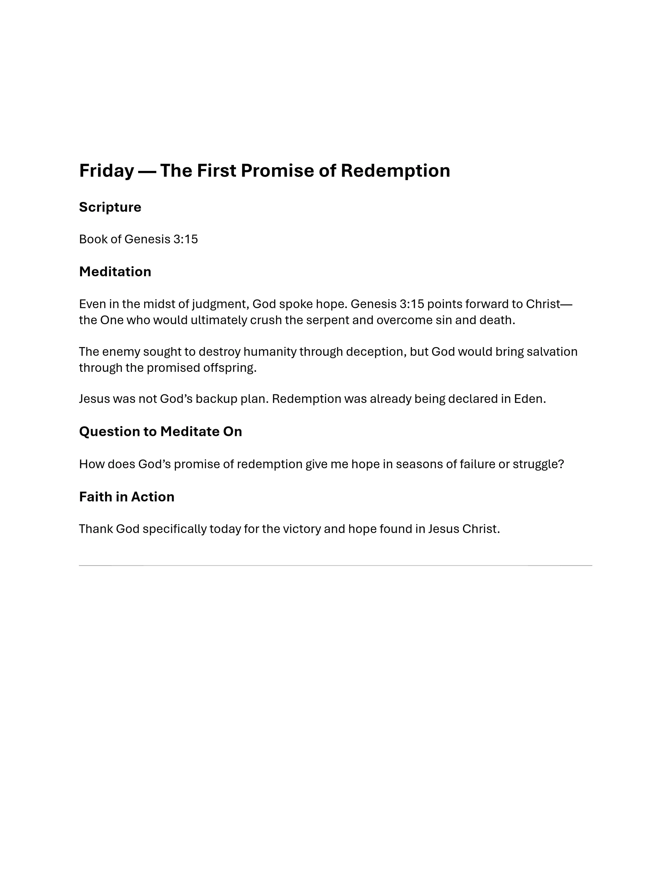 A devotional page for Friday titled 'The First Promise of Redemption,' focusing on Genesis 3:15 with sections for Scripture, Meditation, and Faith in Action.