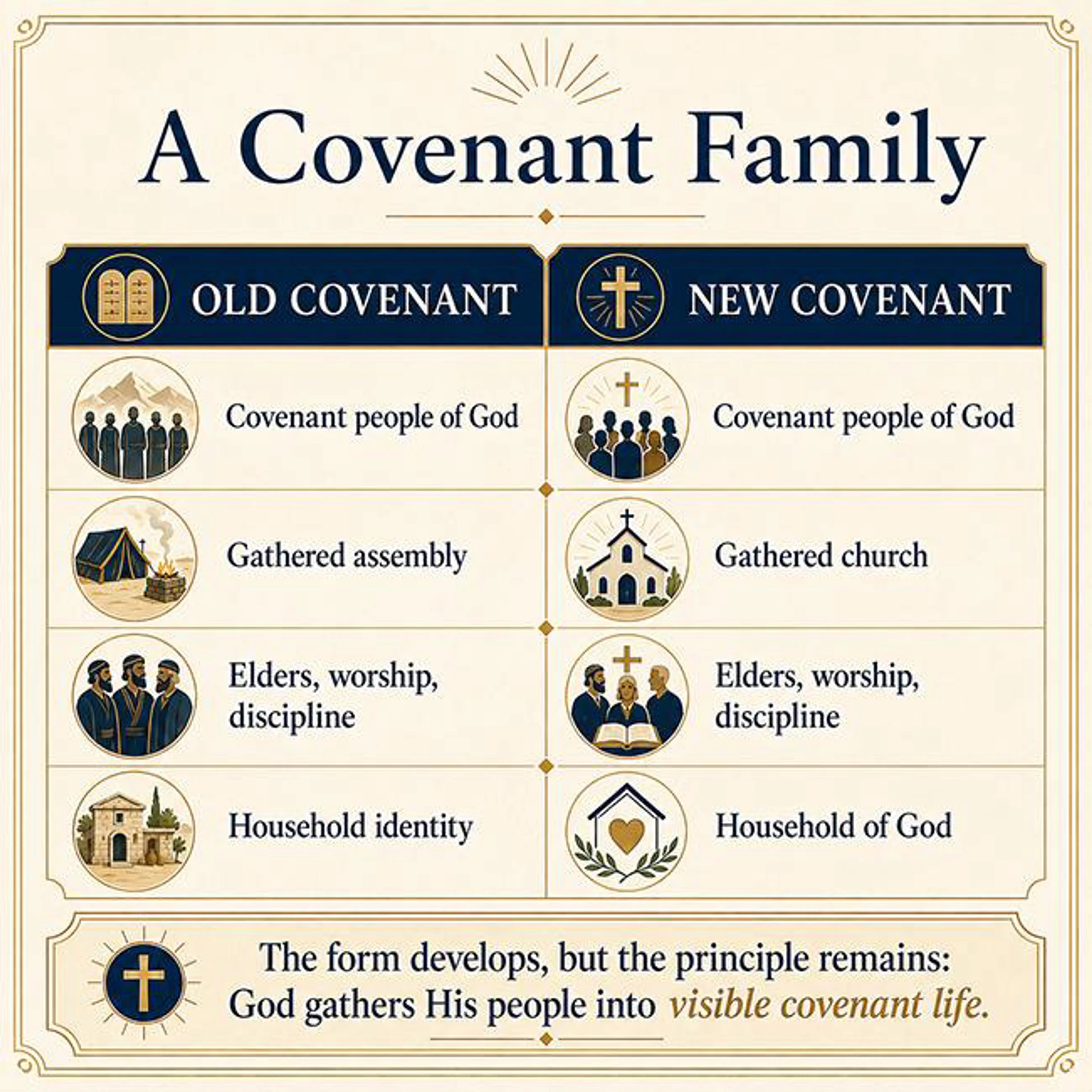 An infographic titled 'A Covenant Family' comparing the Old and New Covenants across four points, showing how the form develops but the principle remains.
