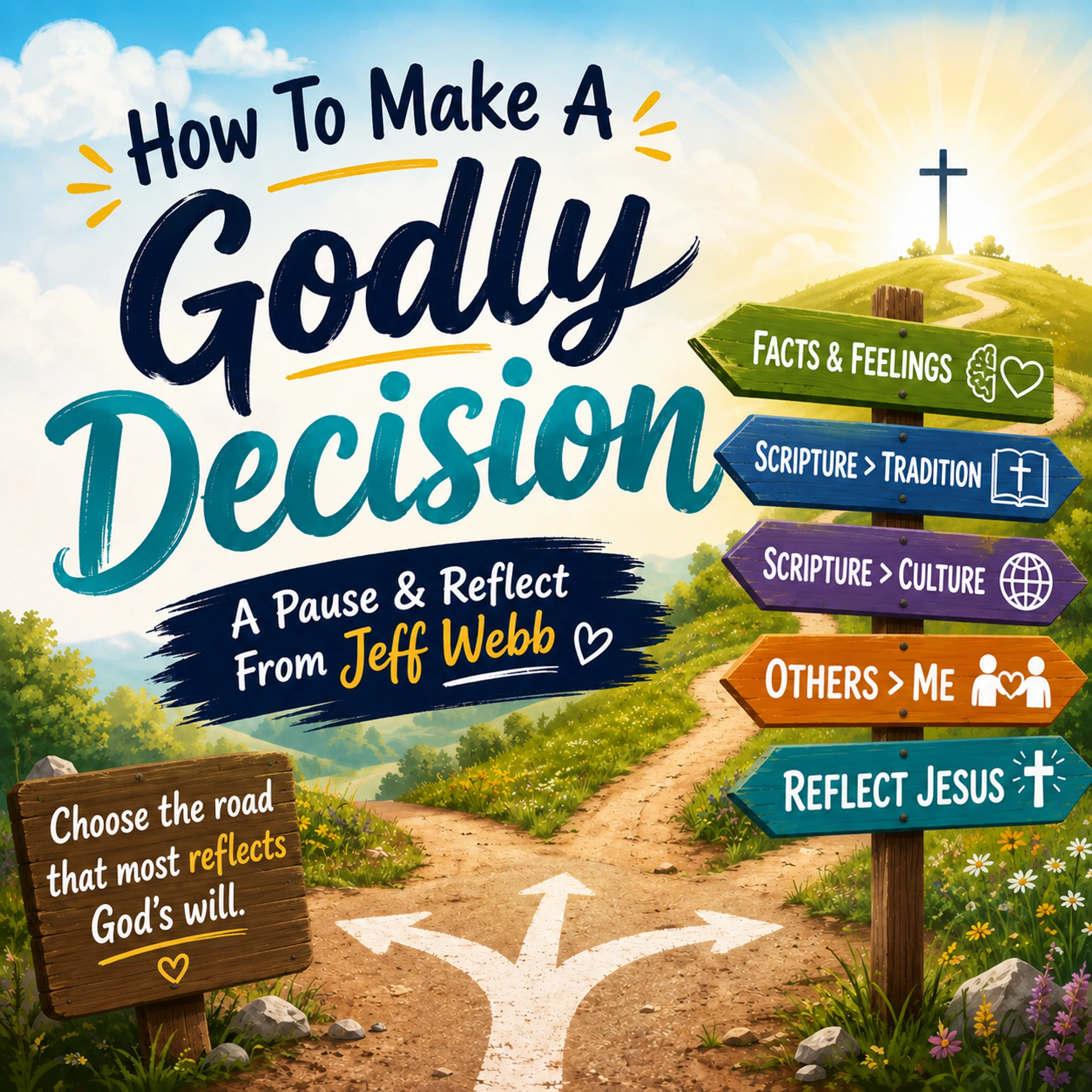 An inspirational graphic depicting a fork in a road with signs giving Christian advice, leading to a cross on a sunlit hill.
