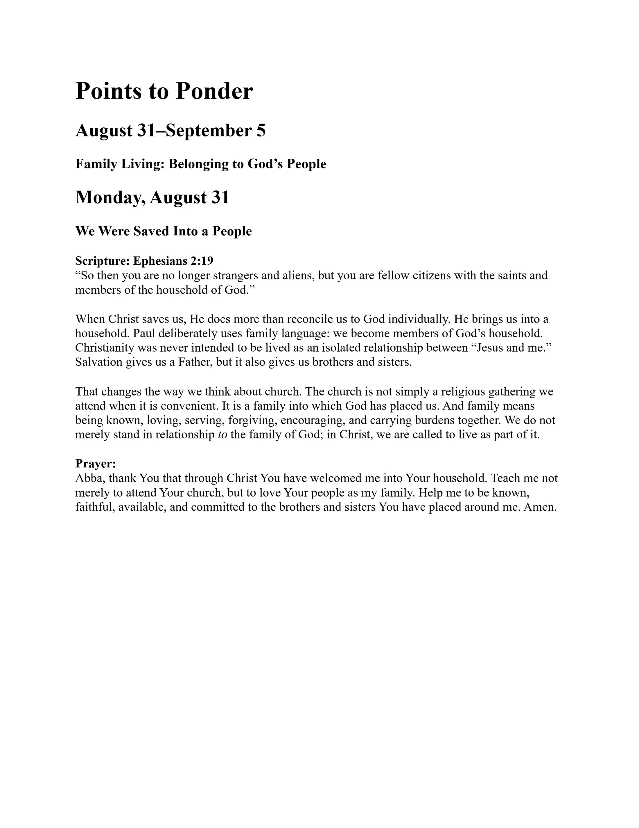 A devotional page titled 'Points to Ponder' for Monday, August 31. The topic is 'We Were Saved Into a People' with scripture from Ephesians 2:19 and a prayer.