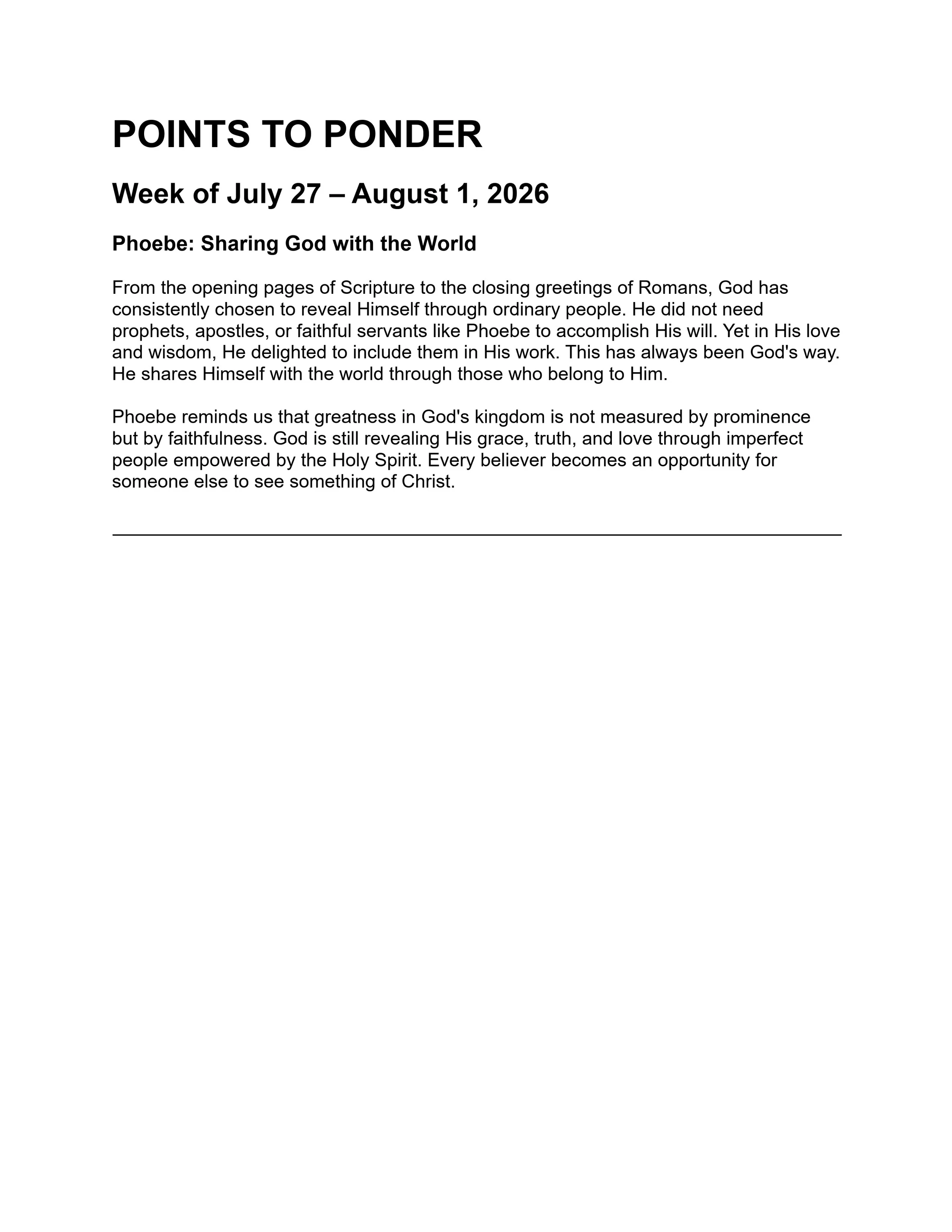 A document titled 'Points to Ponder' for the week of July 27, 2026. The topic is 'Phoebe: Sharing God with the World' and discusses Christian faithfulness.
