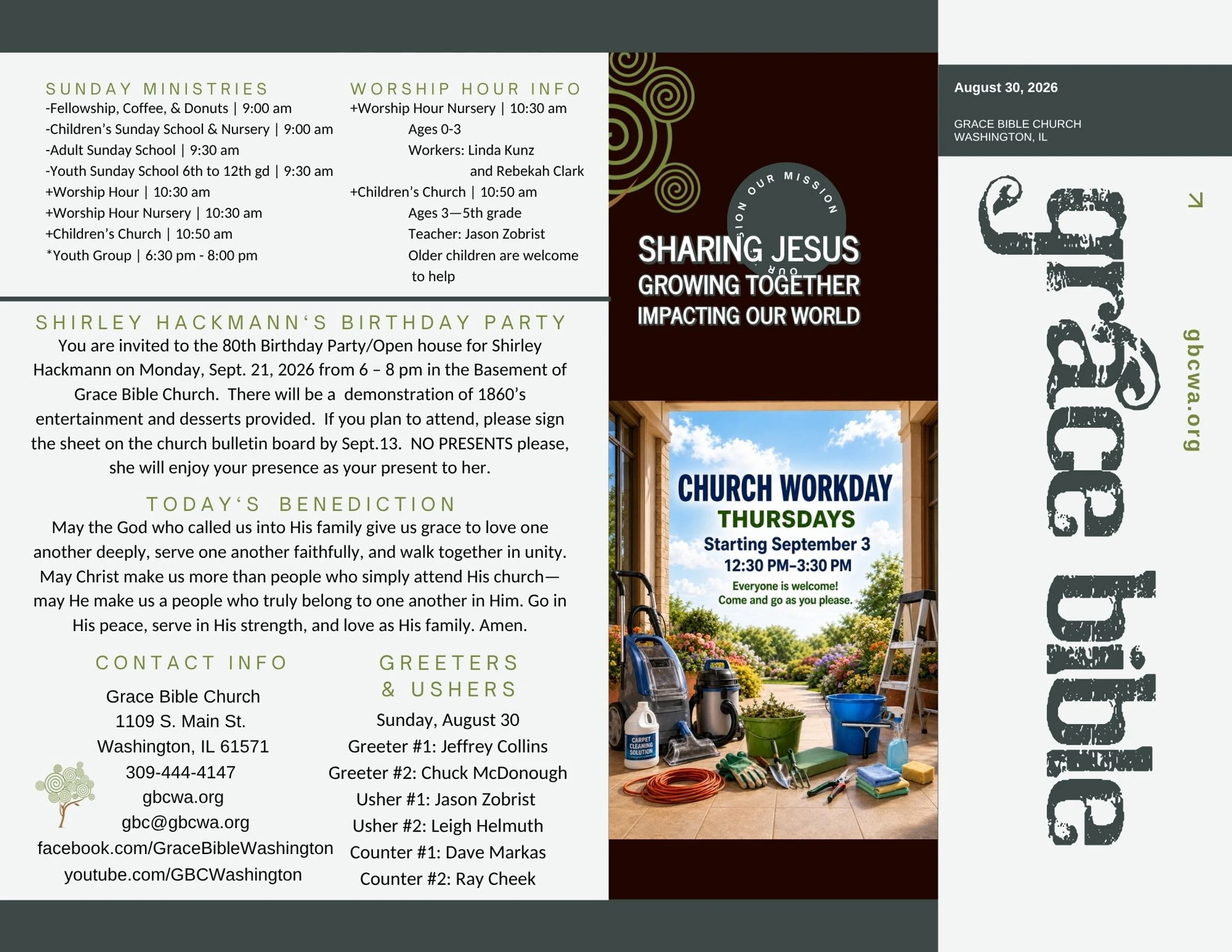 A weekly church bulletin for Grace Bible Church. It lists Sunday service times, an 80th birthday party invitation, and a church workday announcement.