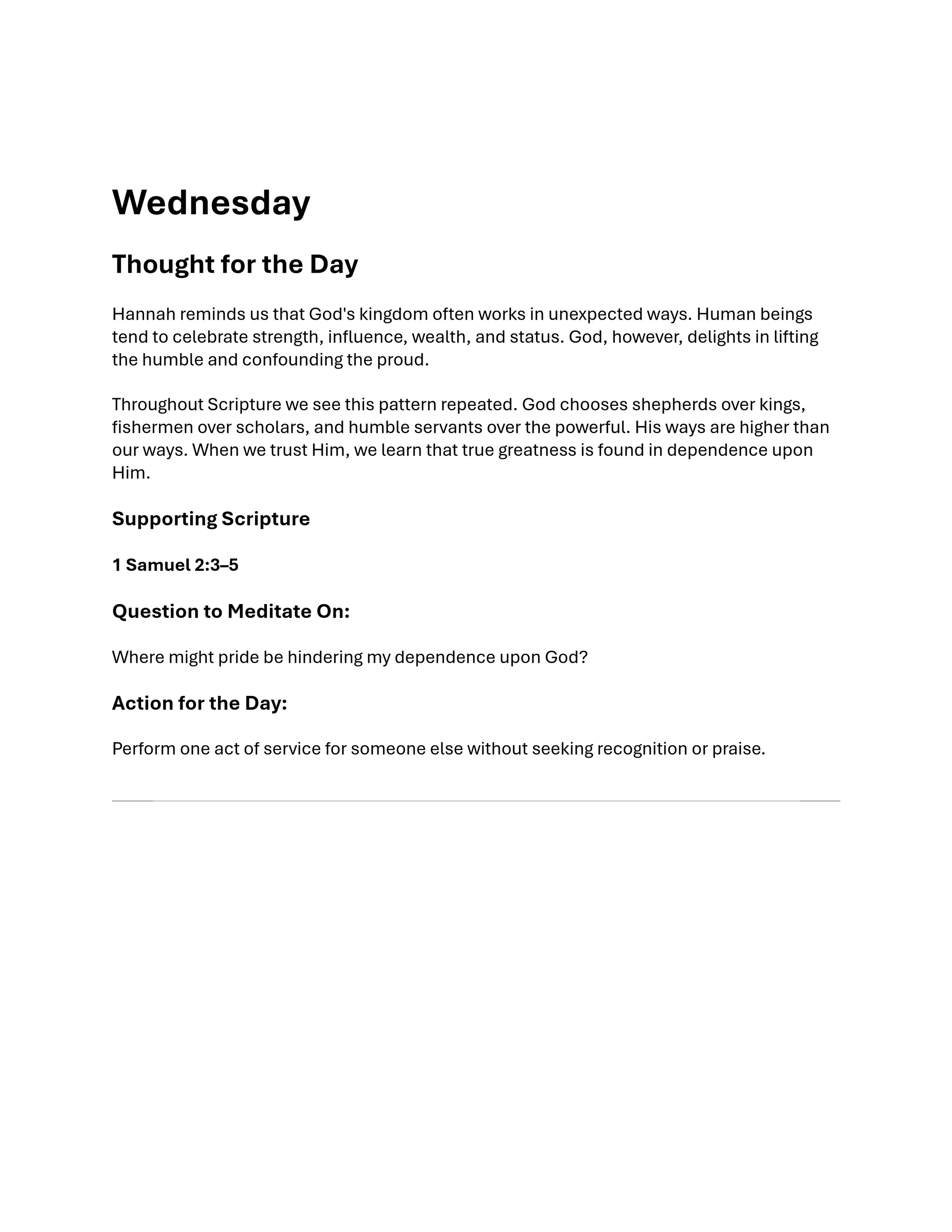 A daily devotional for Wednesday titled 'Thought for the Day,' with scripture from 1 Samuel, a meditation question on pride, and a suggested act of service.