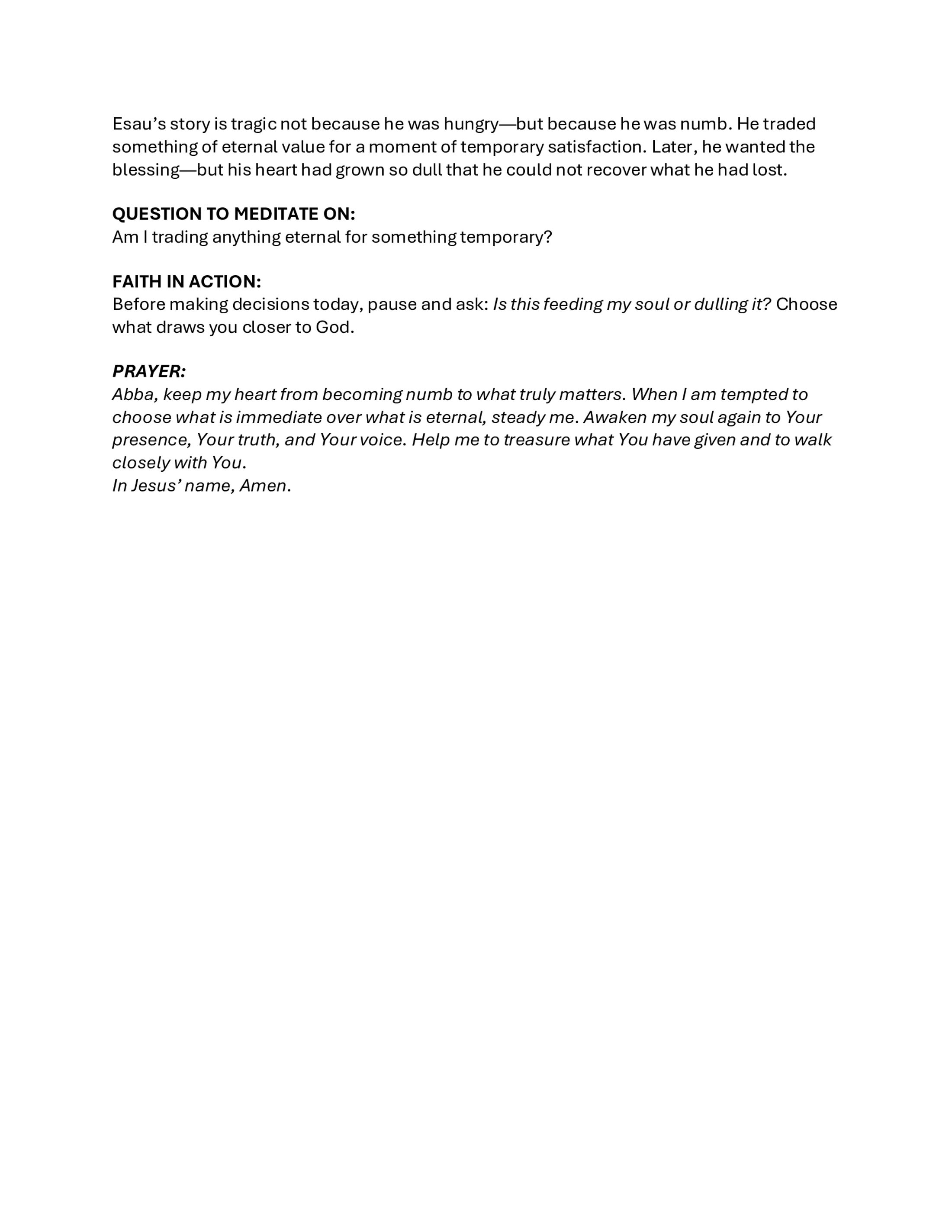Black text on a white background with a reflection on Esau's story, a meditation question, a faith in action prompt, and a prayer about valuing the eternal.