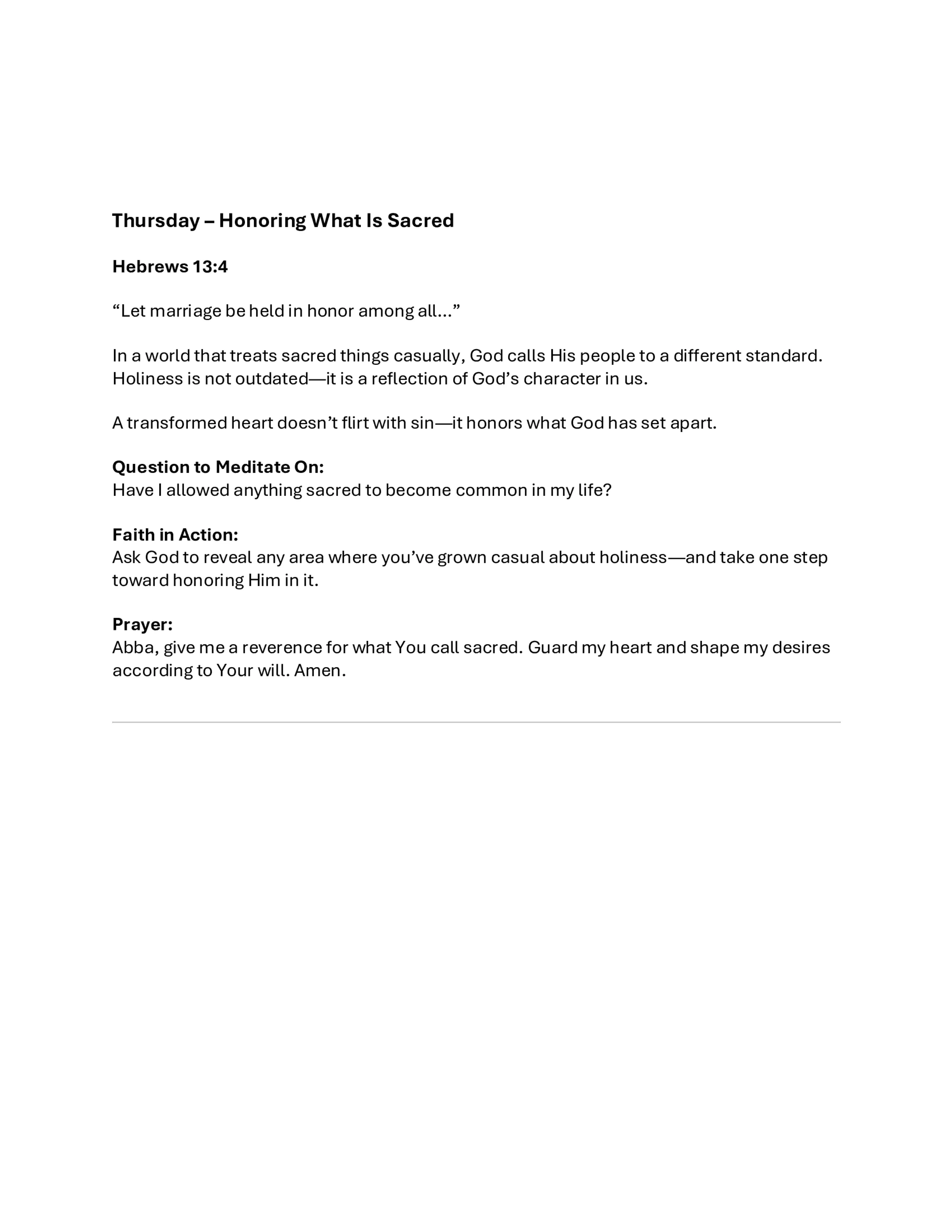 A Christian devotional for Thursday titled 'Honoring What Is Sacred,' based on Hebrews 13:4, with a meditation question, action step, and a prayer.