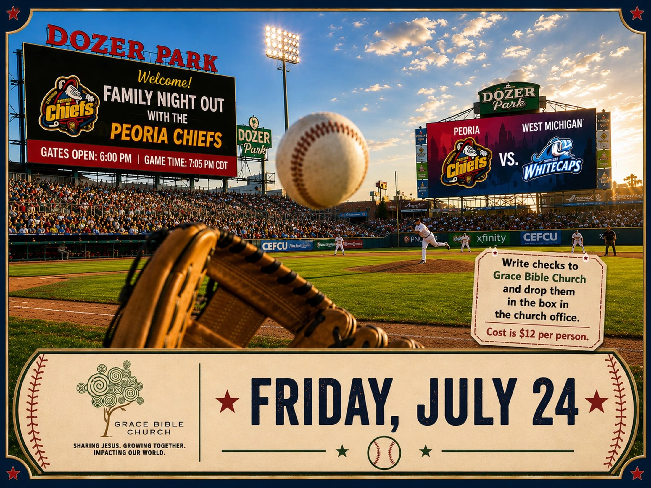 Flyer for a family night out at Dozer Park for a Peoria Chiefs baseball game on Friday, July 24, hosted by Grace Bible Church.