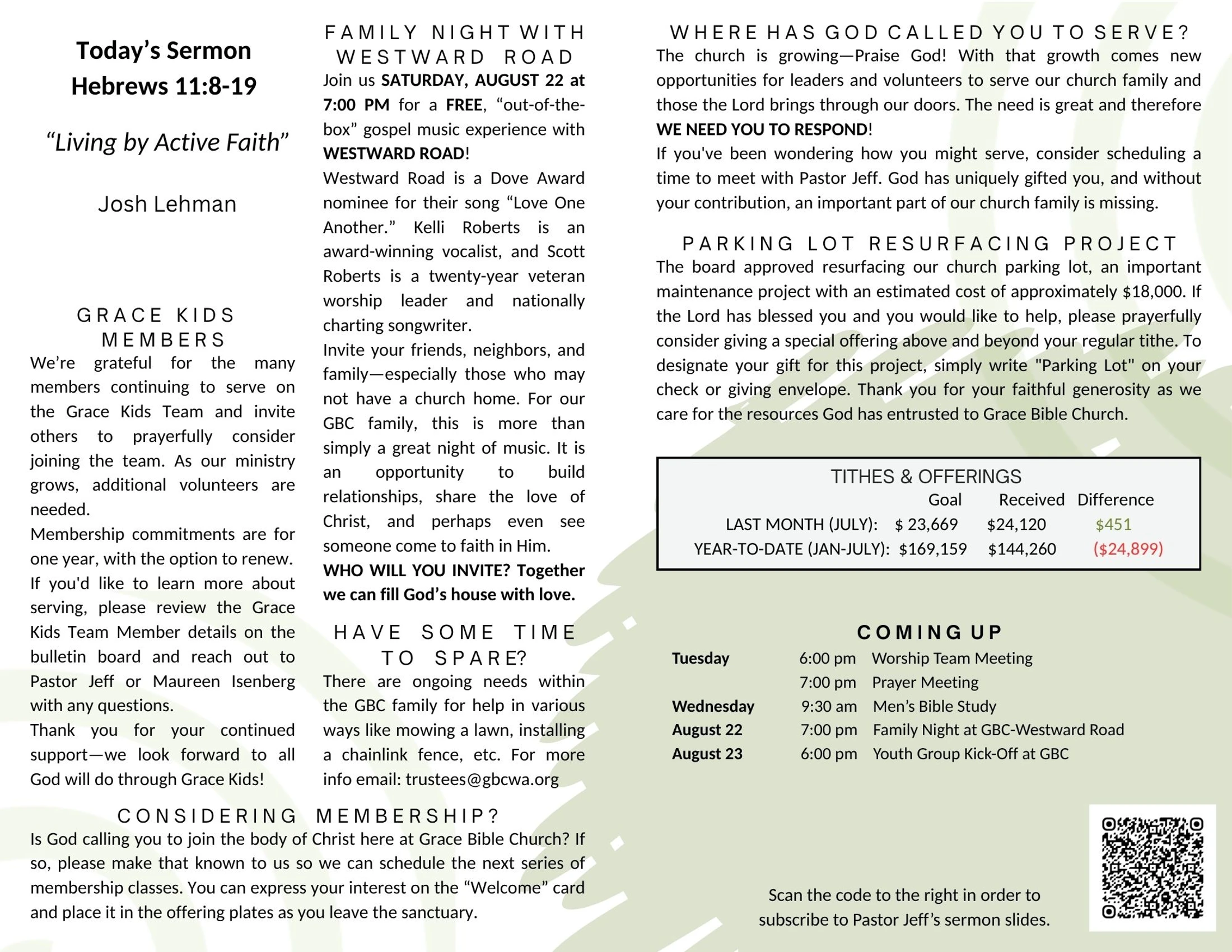 A church bulletin detailing the weekly sermon, a call for volunteers, a parking lot fundraiser, financial offerings, and a schedule of upcoming events.