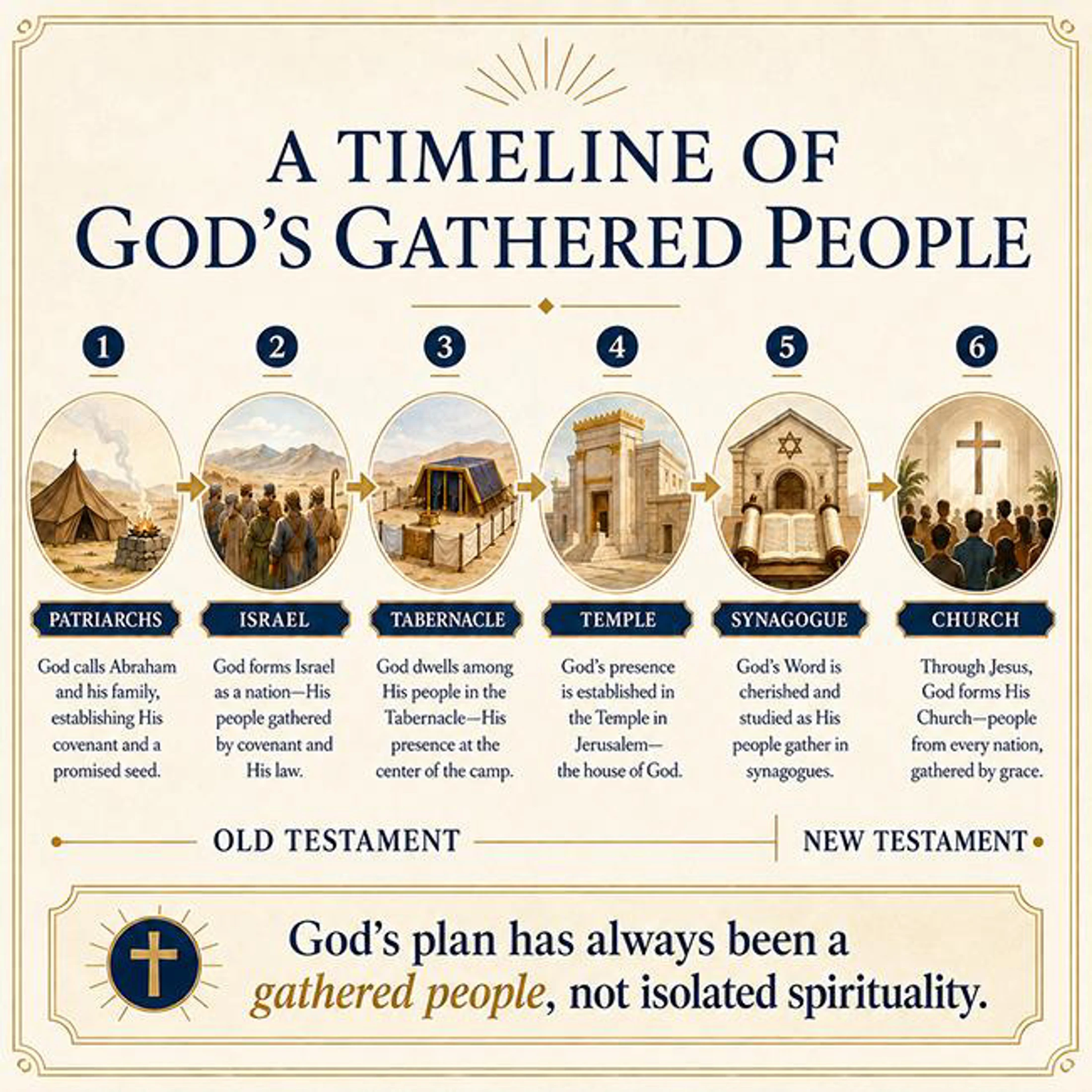 An infographic showing a timeline of how God gathered people, from the Patriarchs and the nation of Israel to the Tabernacle, Temple, Synagogue, and the Church.