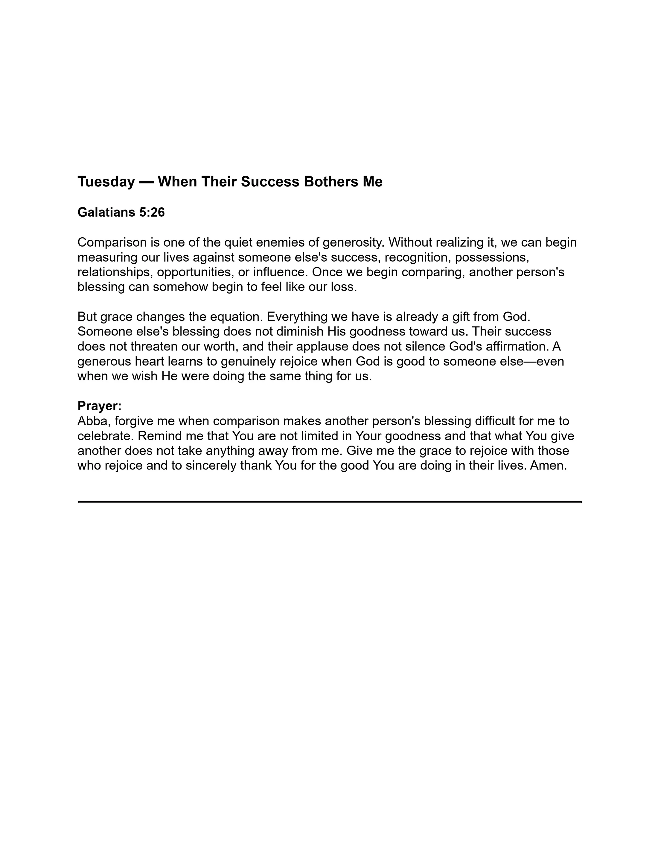 A devotional page titled 'When Their Success Bothers Me' based on Galatians 5:26. It discusses comparison and includes a prayer for overcoming envy.