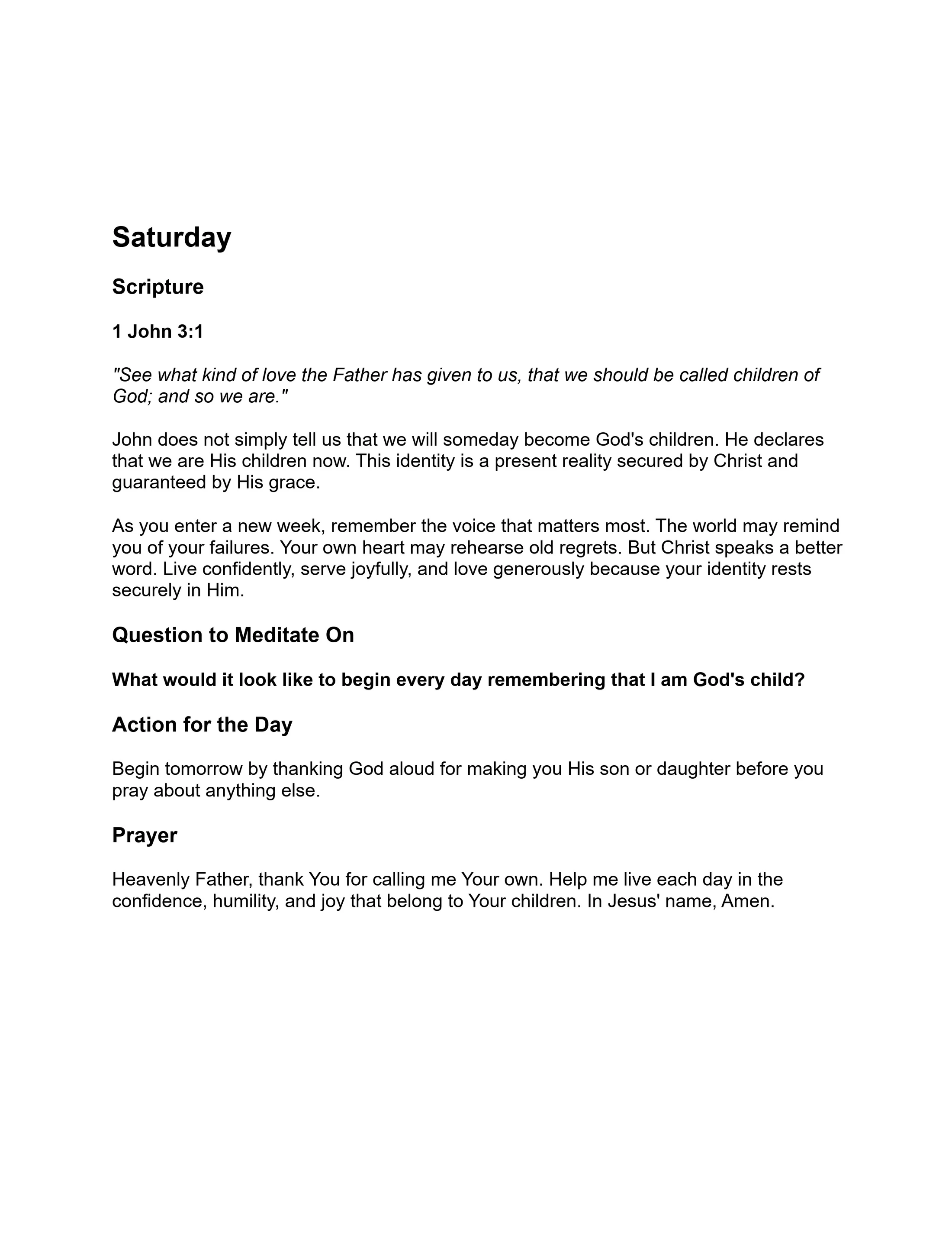 A Christian devotional for Saturday. It features scripture from 1 John 3:1, a reflection, a meditation question, an action for the day, and a prayer.