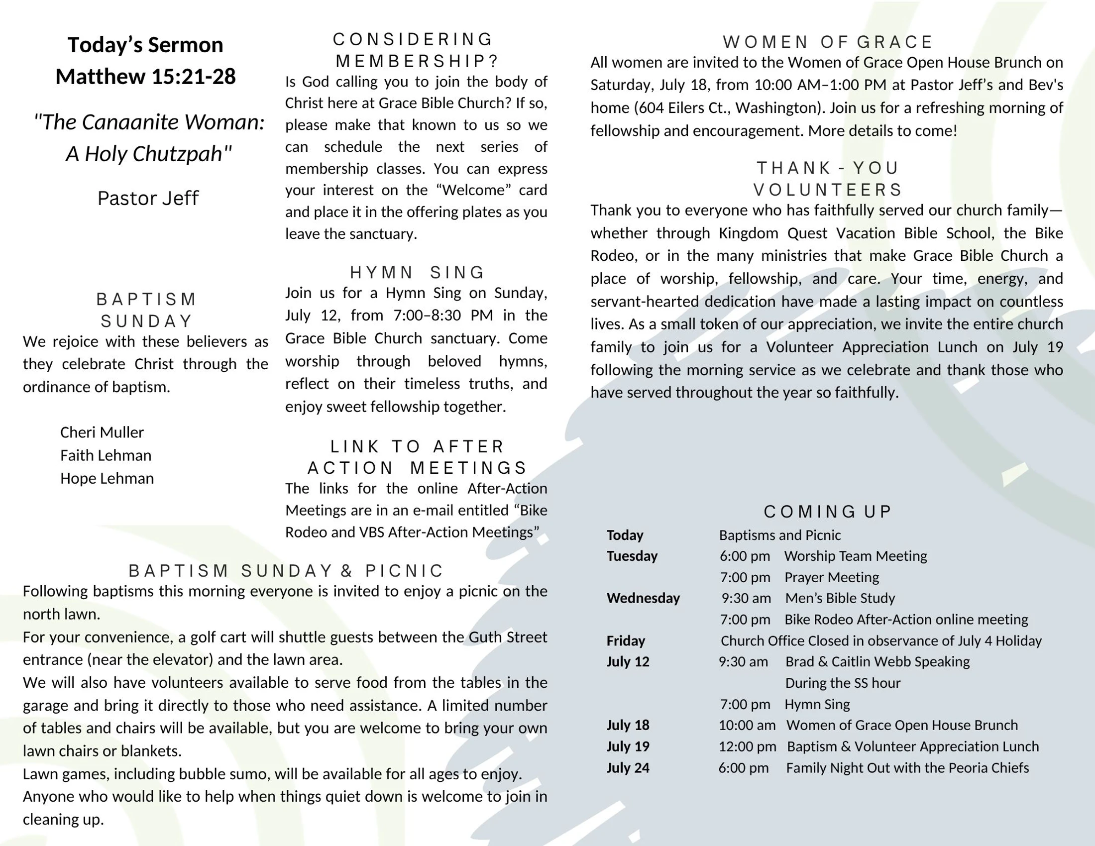 A church bulletin detailing the sermon, 'The Canaanite Woman,' and listing upcoming events including a baptism, picnic, and weekly schedule.