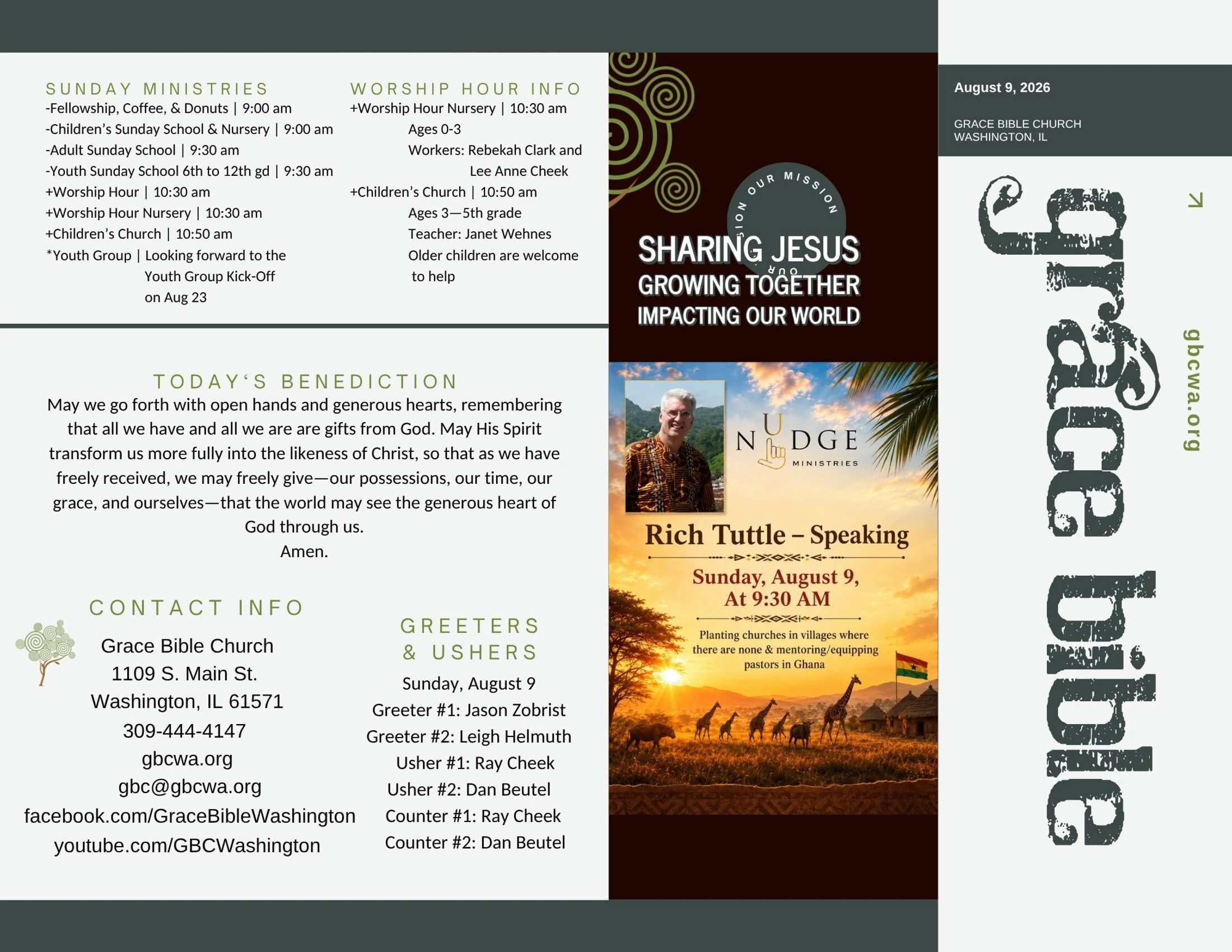 A church bulletin for Grace Bible Church dated August 9, 2026. It lists Sunday service times, a benediction, and an announcement for speaker Rich Tuttle.