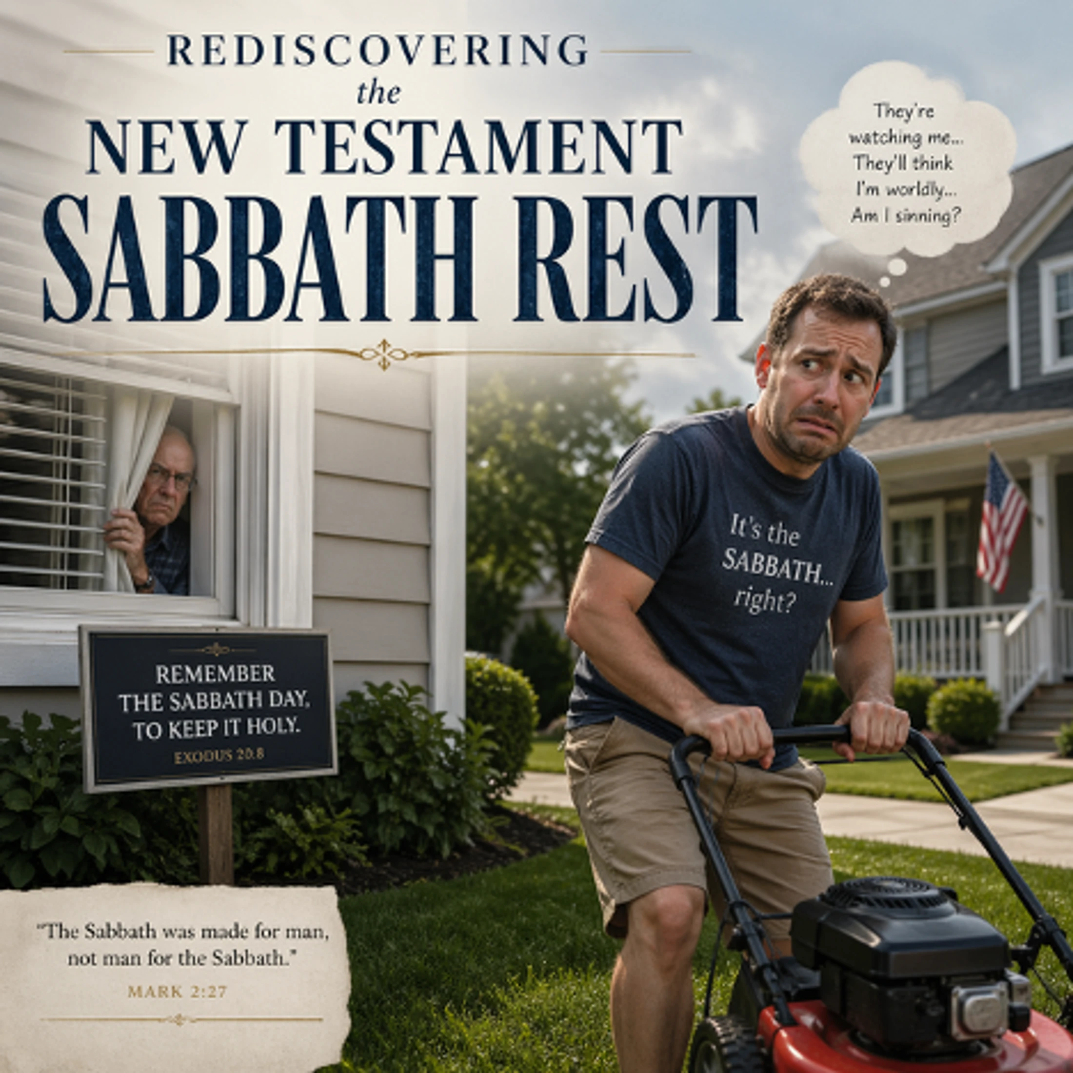 A man looks worried while mowing his lawn on the Sabbath as a disapproving neighbor watches from a window. Text and bible verses about the Sabbath are overlaid.