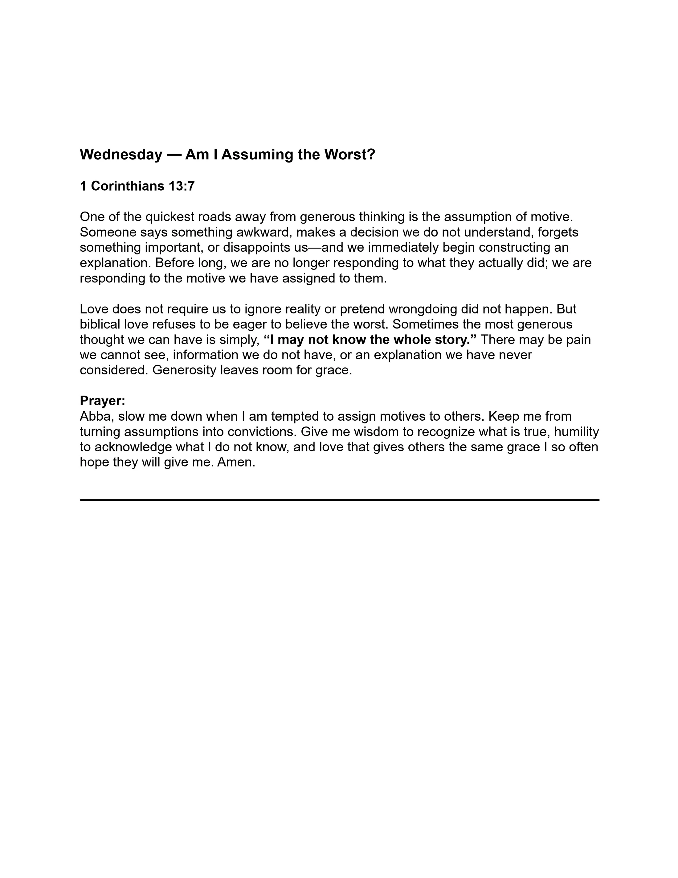 A page from a devotional titled 'Wednesday — Am I Assuming the Worst?' based on 1 Corinthians 13:7. It discusses generous thinking and includes a prayer.