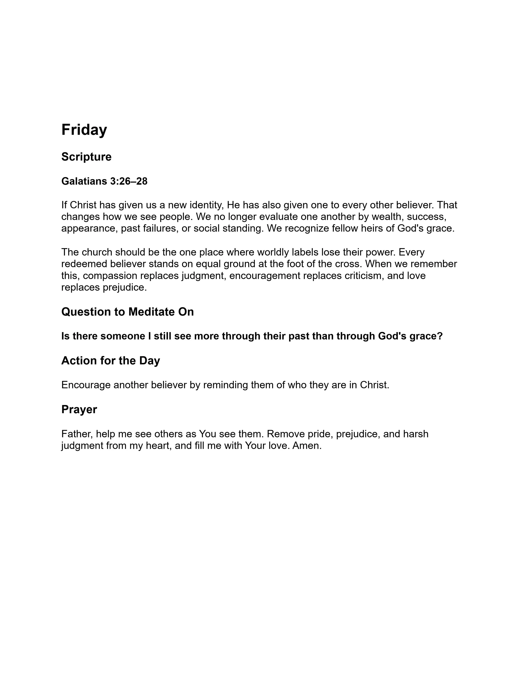 A daily devotional page for Friday. It includes scripture from Galatians 3:26-28, a meditation question, an action for the day, and a prayer.