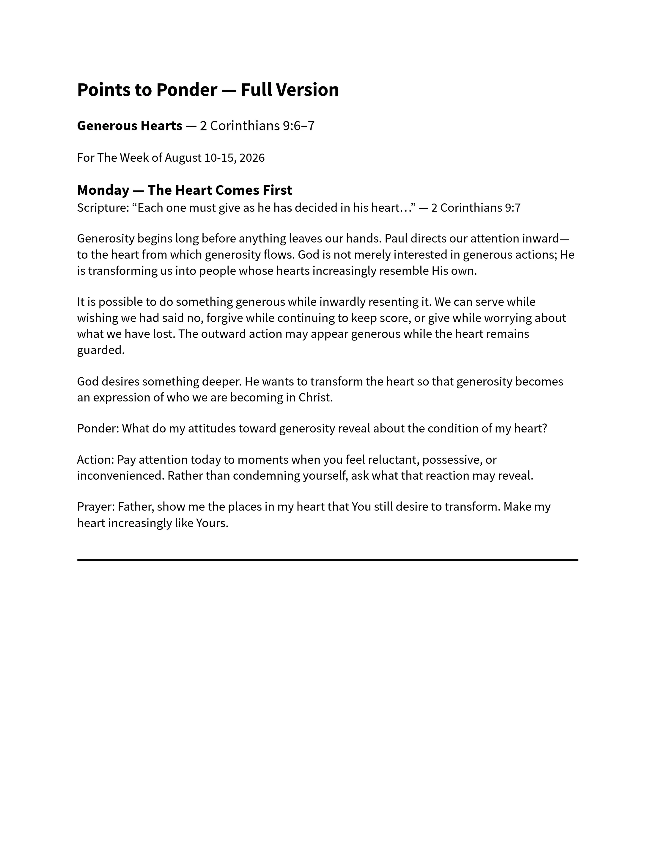 A text document for Christian reflection titled 'Points to Ponder' discussing 'Generous Hearts' from 2 Corinthians, with scripture, commentary, and prayer.