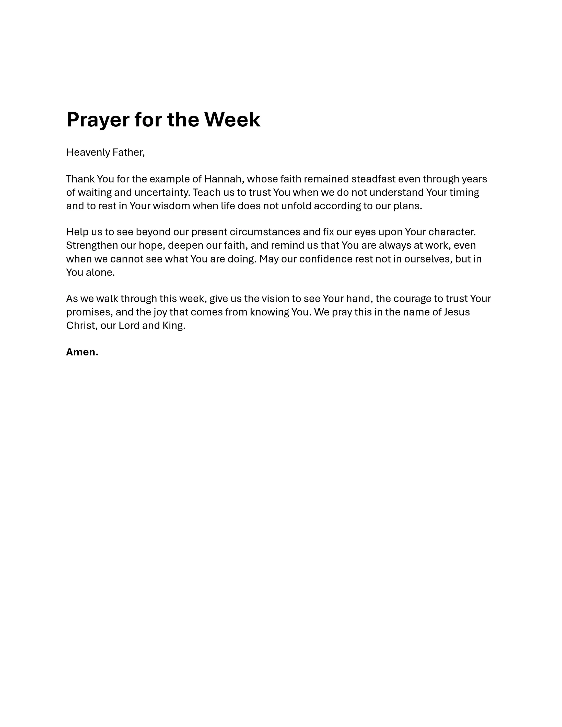 A text document on a white background titled 'Prayer for the Week'. The prayer asks for faith, hope, and trust in God during times of uncertainty.