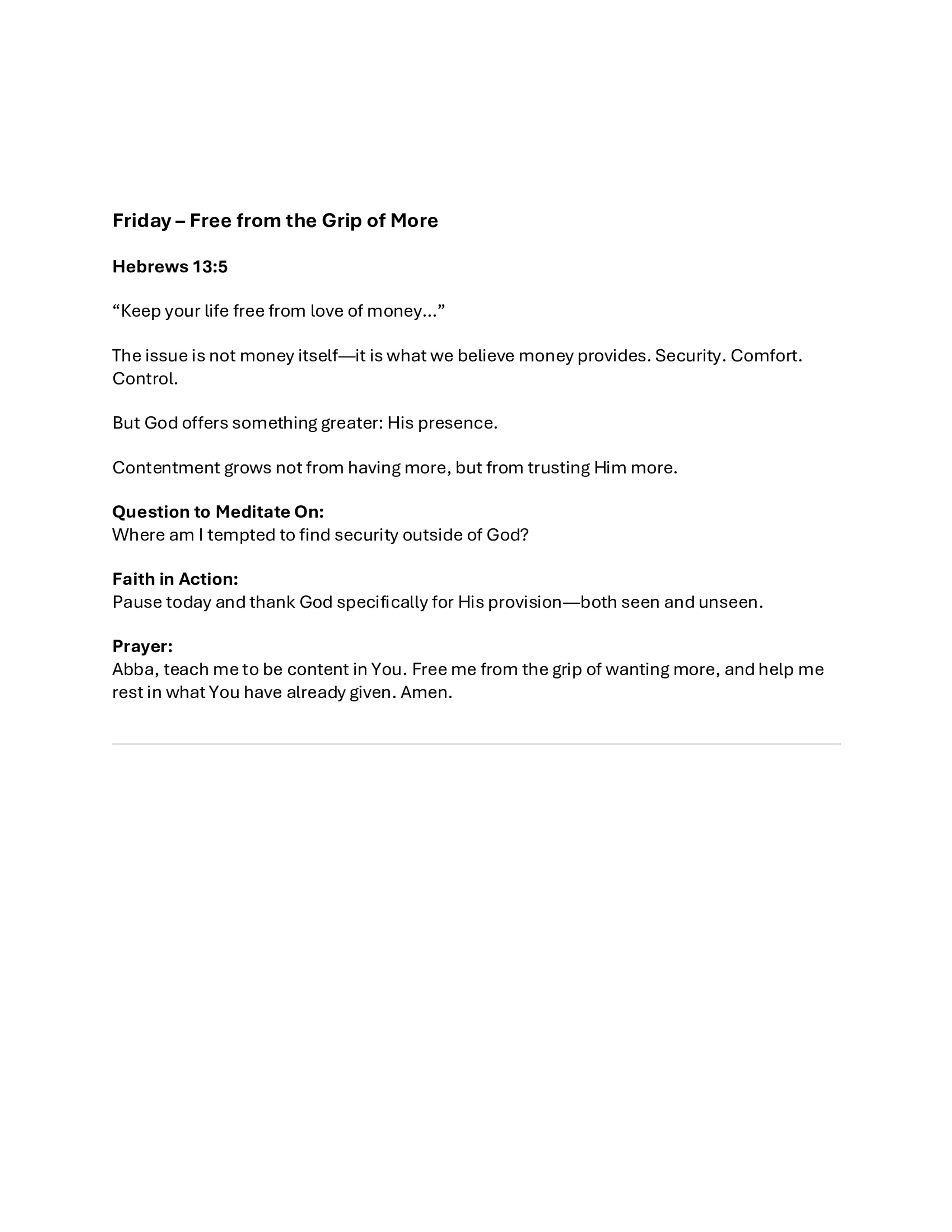 A devotional page for Friday titled 'Free from the Grip of More,' based on Hebrews 13:5, with text on contentment, a meditation question, and a prayer.