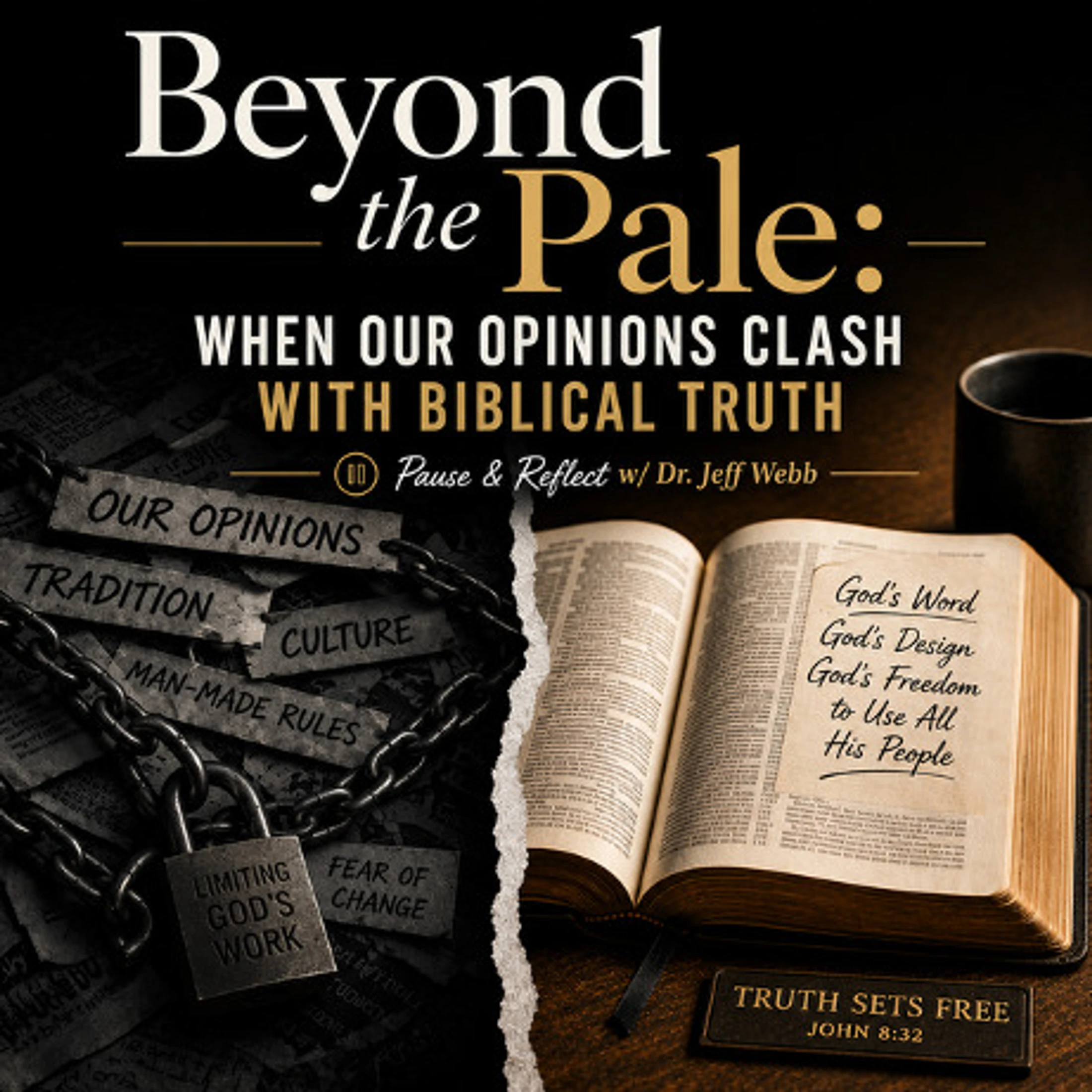 A split image contrasting chained papers labeled 'our opinions' and 'tradition' with an open Bible representing God's Word and the phrase 'Truth Sets Free'.