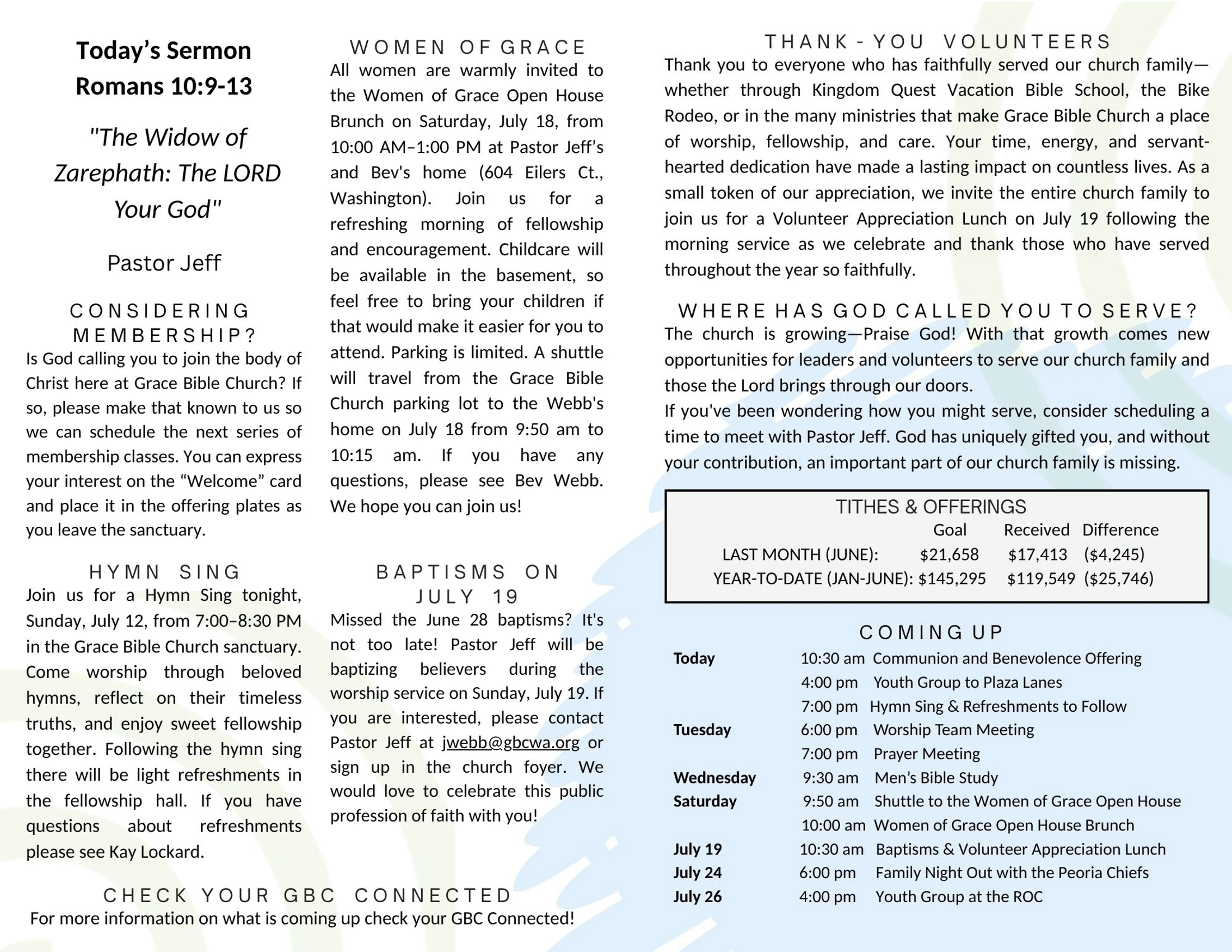 A weekly bulletin for Grace Bible Church, showing the sermon topic, announcements for membership, events, and a schedule of upcoming activities and services.