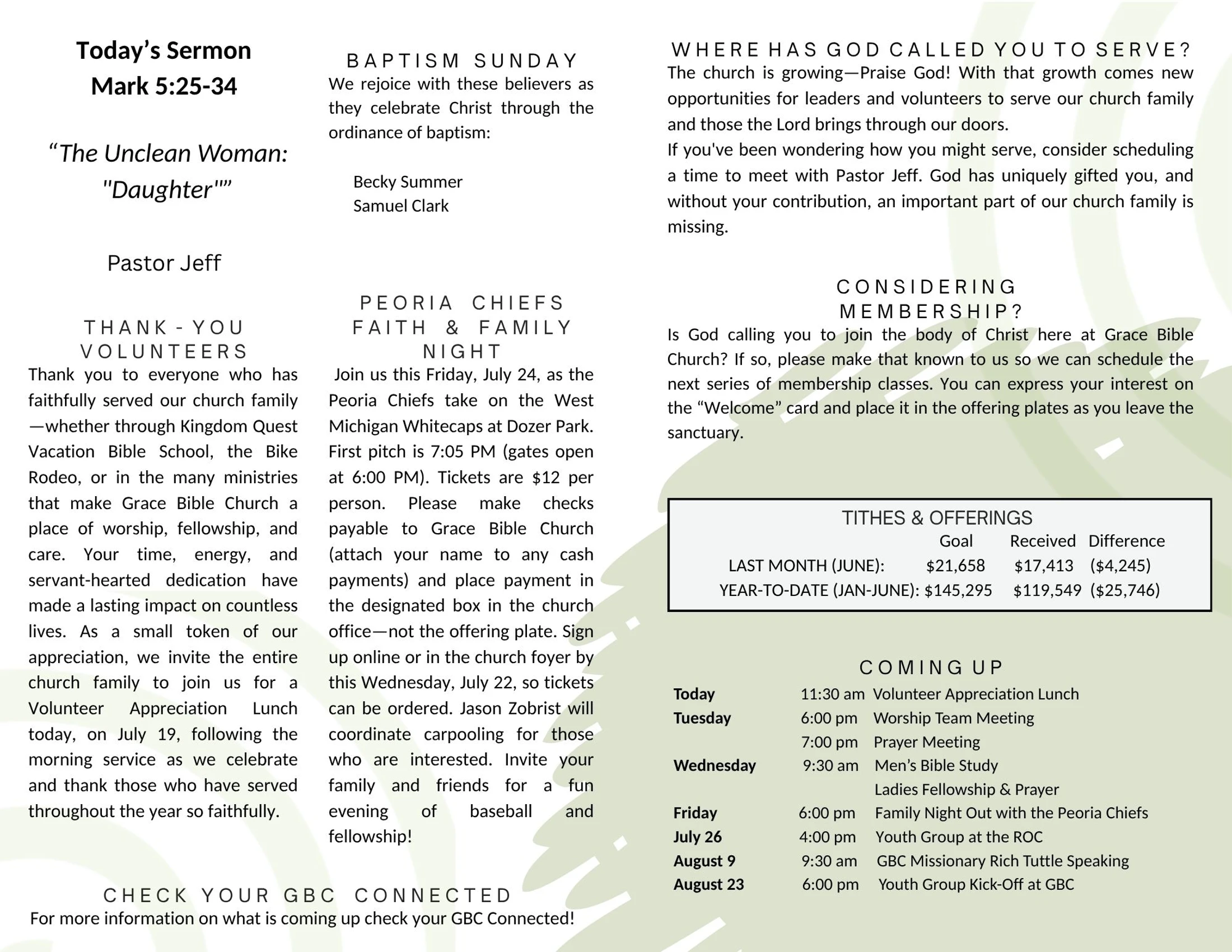 A church bulletin with announcements for sermons, baptisms, volunteer opportunities, events like a family baseball night, and a schedule of upcoming meetings.