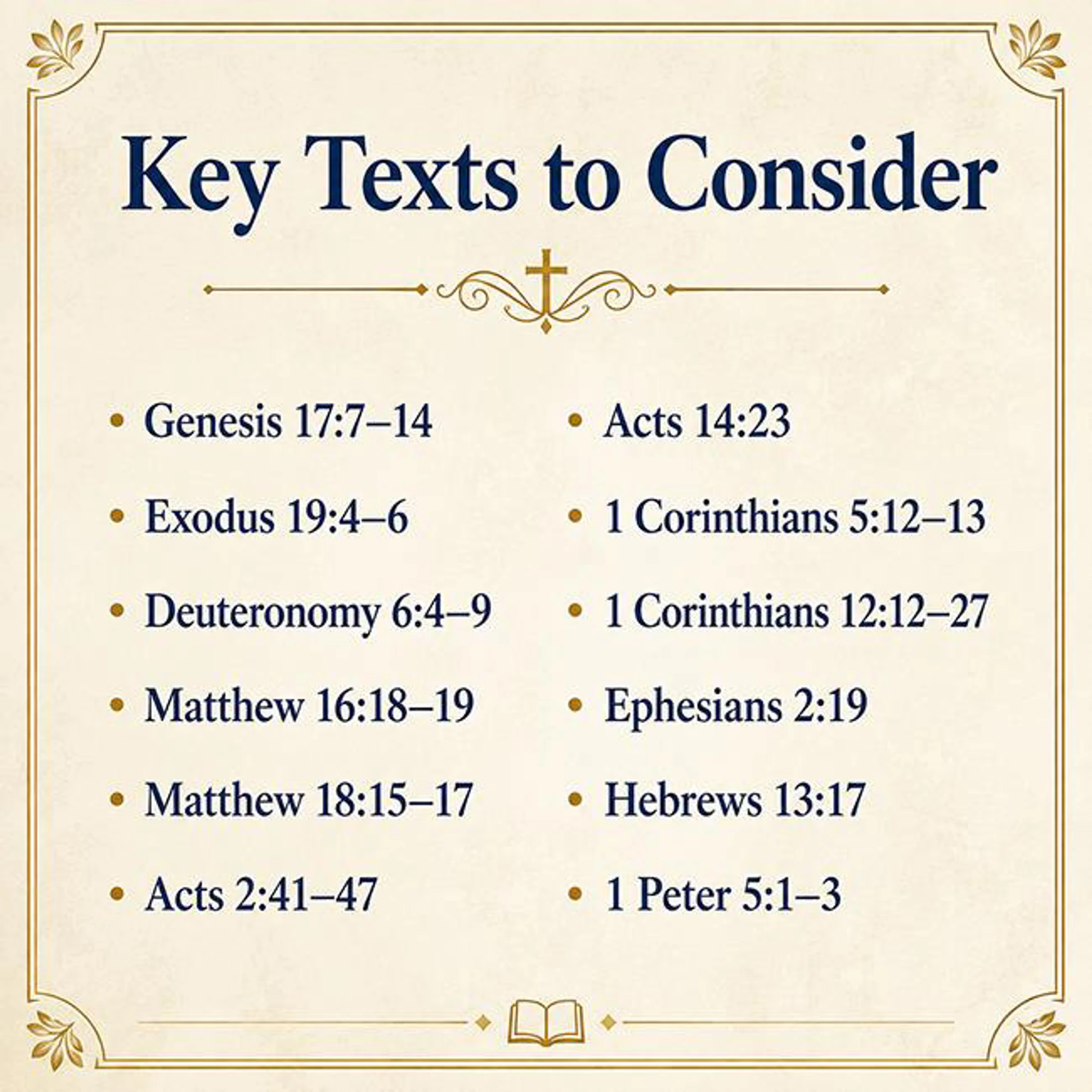 A graphic titled 'Key Texts to Consider' listing twelve bible verses in two columns, from books like Genesis, Matthew, Acts, and 1 Corinthians.