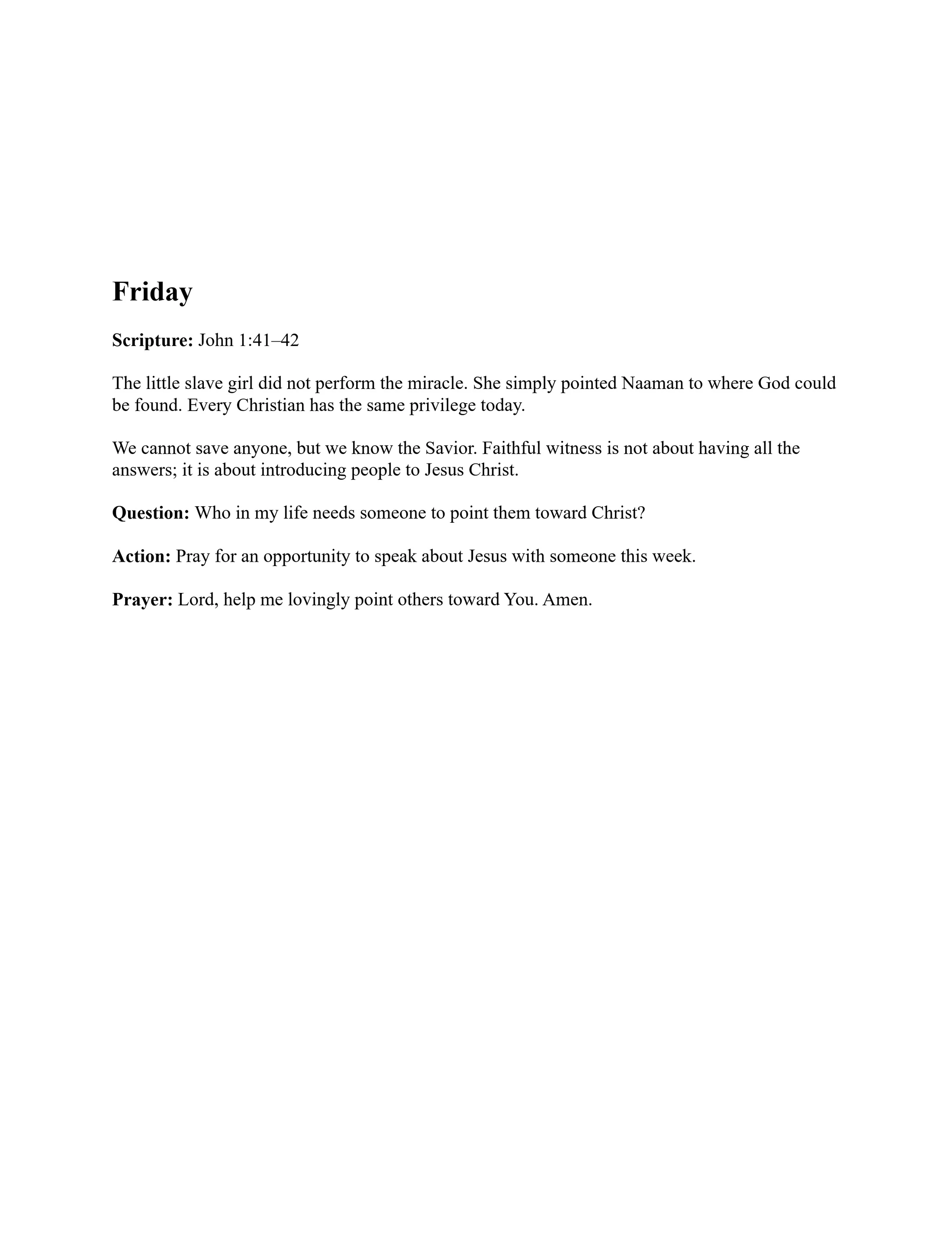 A page of text for a Friday devotional, with scripture from John 1:41–42, a reflection on witnessing, a question, an action, and a prayer.