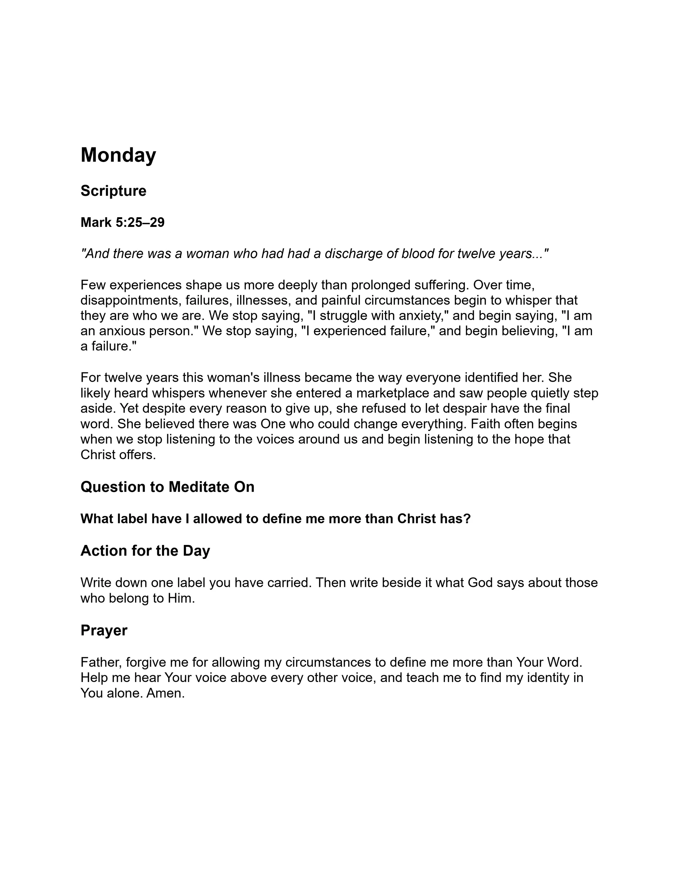 A daily devotional page for Monday based on Mark 5:25-29. It includes a reflection on identity, a meditation question, an action for the day, and a prayer.