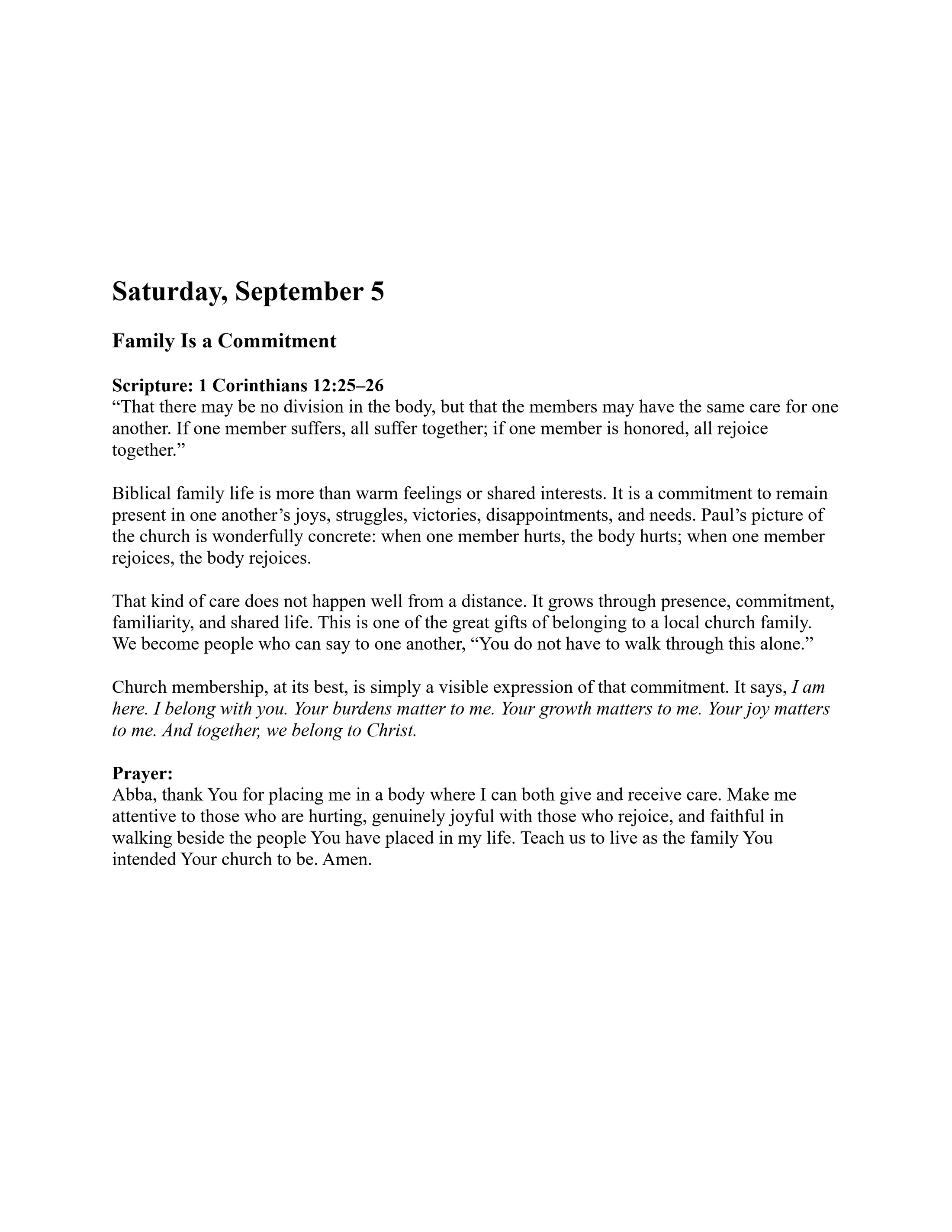 A page from a daily devotional for Saturday, September 5, titled 'Family Is a Commitment,' featuring scripture from 1 Corinthians, a reflection, and a prayer.