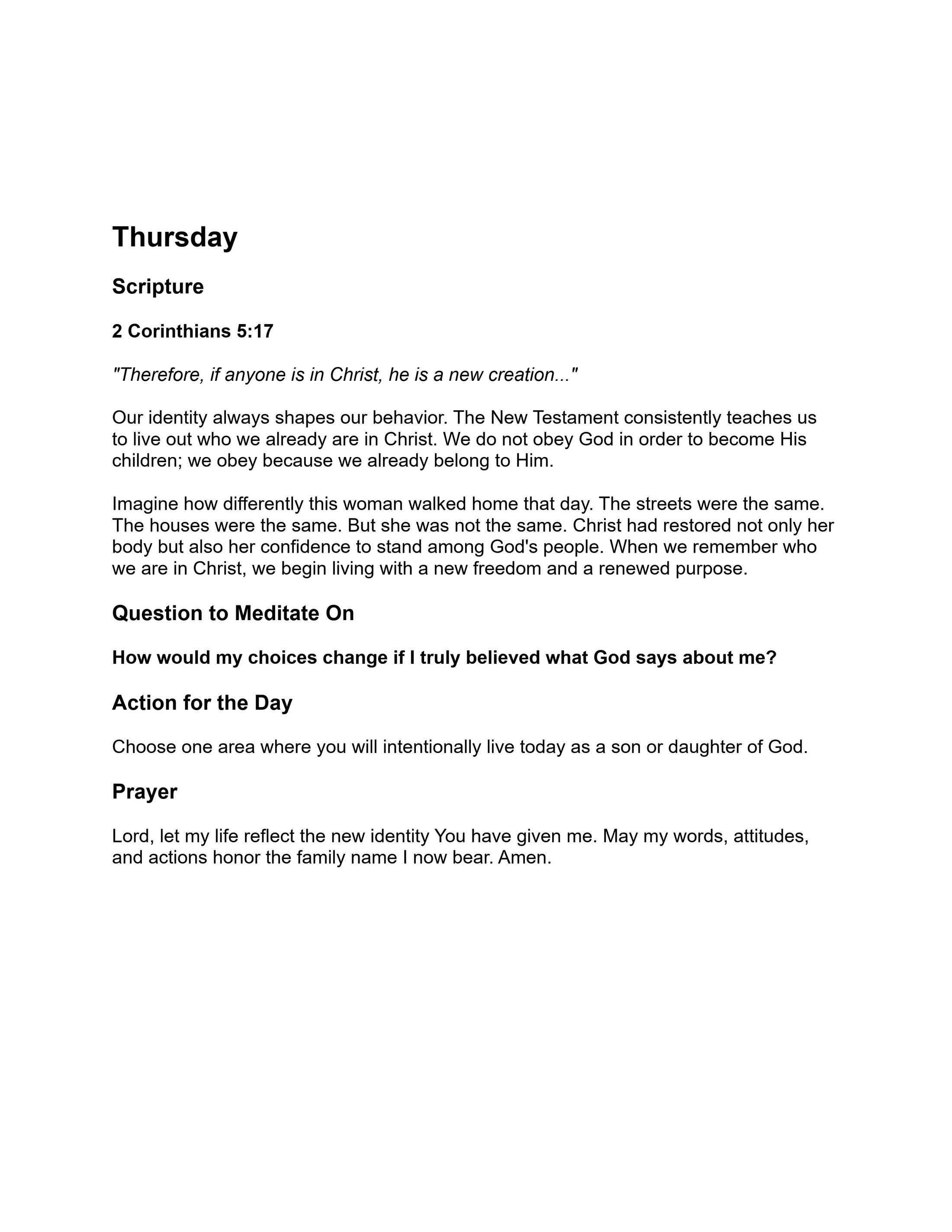 A daily Christian devotional for Thursday, featuring scripture from 2 Corinthians 5:17, a reflection, a meditation question, and a prayer.