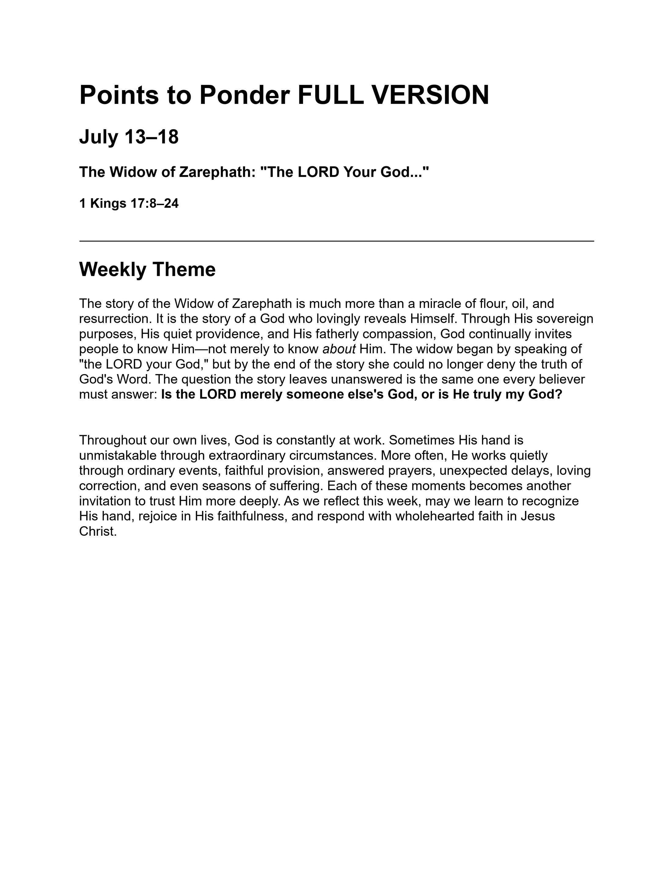 A document titled 'Points to Ponder' for July 13-18. It discusses the weekly theme of The Widow of Zarephath from the book of 1 Kings.