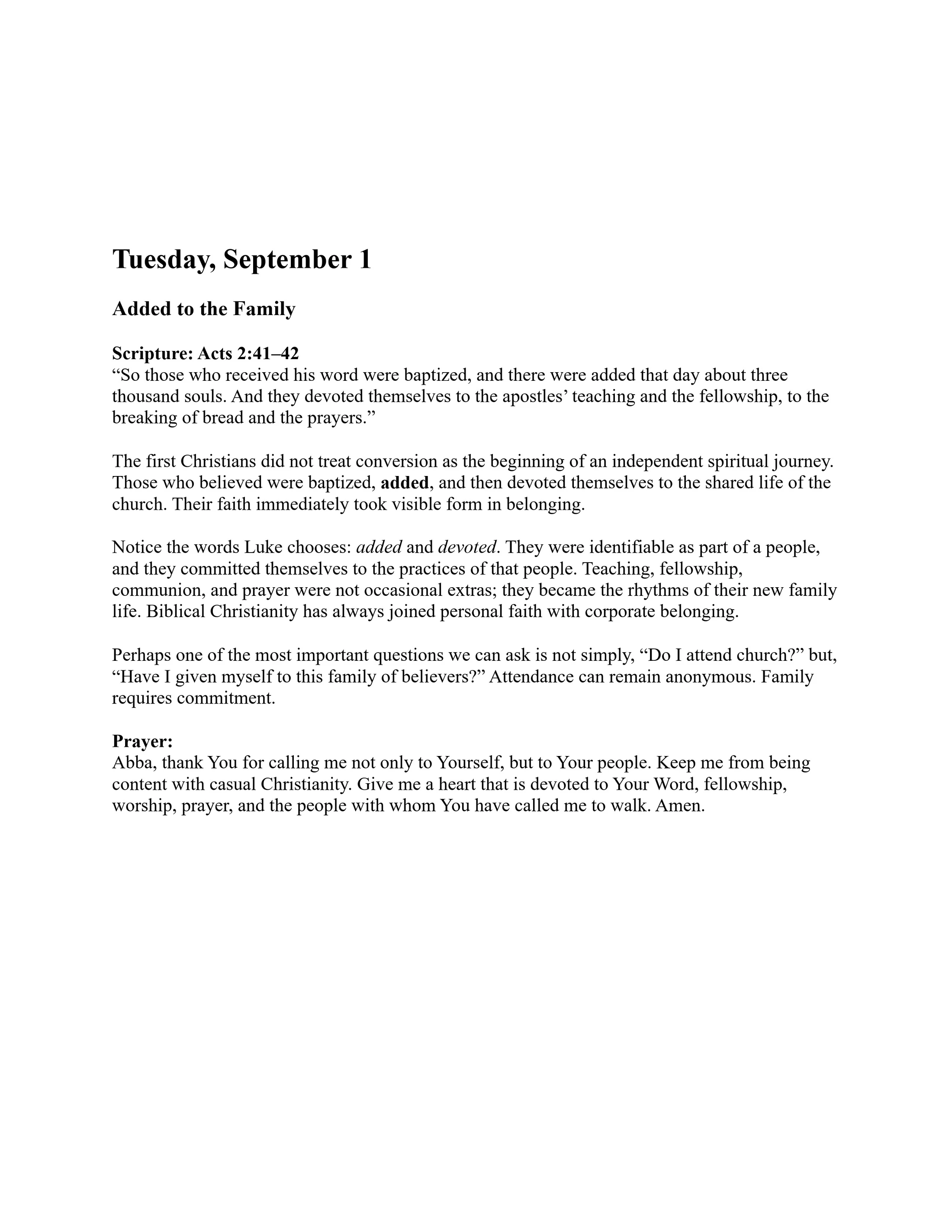 A daily devotional page for Tuesday, September 1, titled 'Added to the Family.' It discusses Acts 2:41-42, community, and commitment, ending with a prayer.