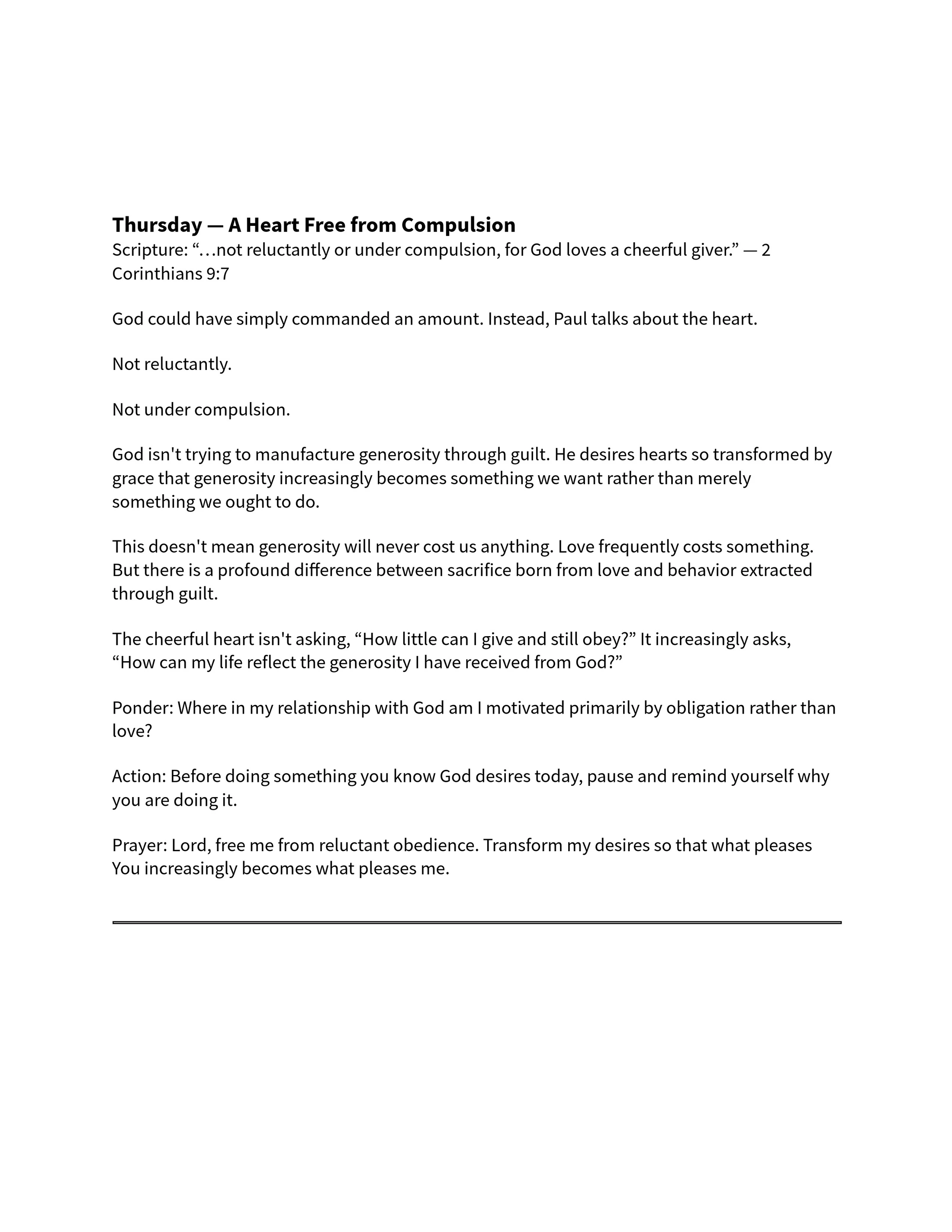 A page of text from a devotional for Thursday, exploring cheerful giving based on 2 Corinthians 9:7, with prompts for reflection, action, and prayer.