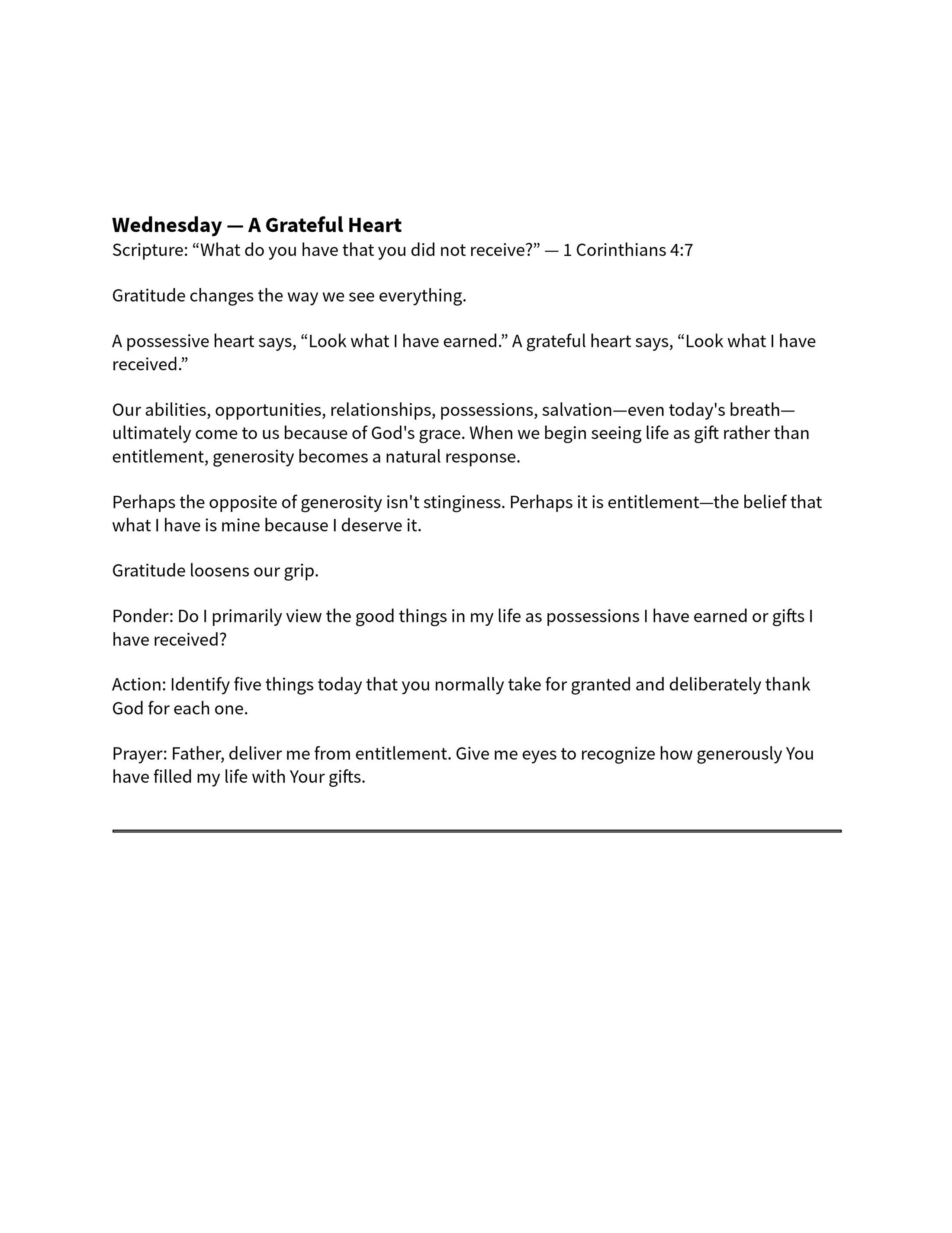 A page from a devotional titled 'Wednesday — A Grateful Heart,' discussing gratitude with scripture, reflection, action prompts, and a prayer.