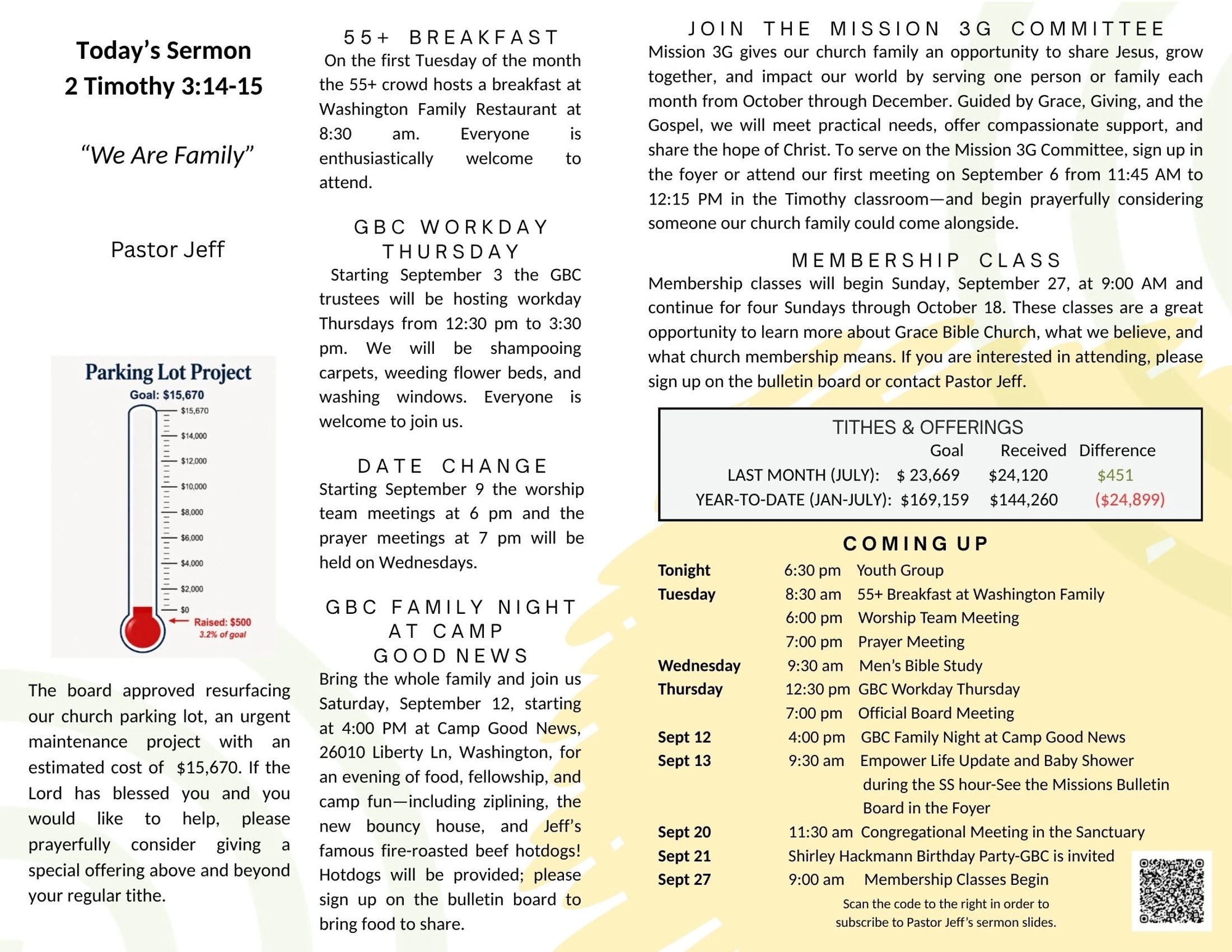 A church newsletter page detailing the week's sermon, a parking lot fundraiser, tithes, upcoming events, and ministry announcements.