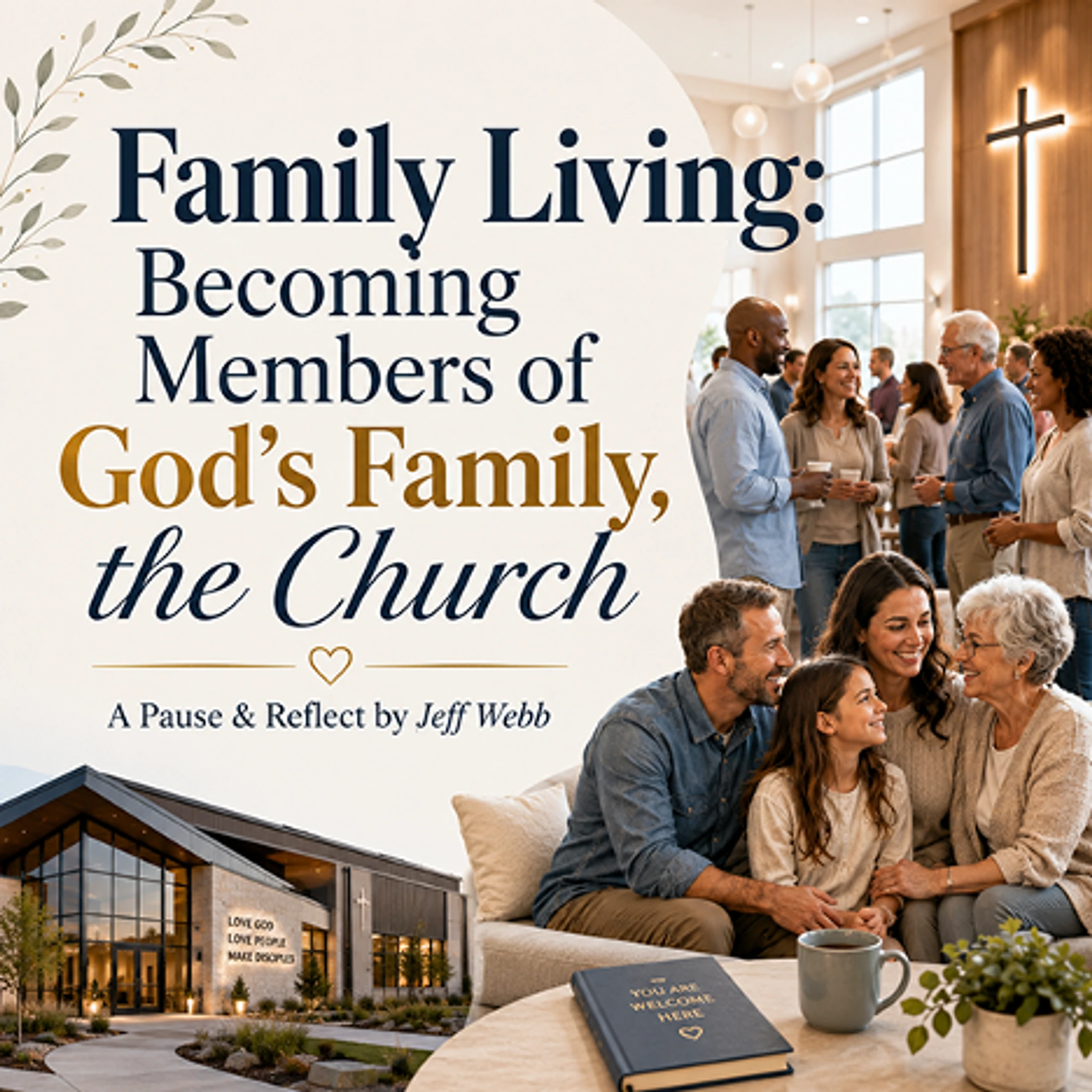 A collage for 'Family Living' showing people fellowshiping, a multi-generational family, and a modern church building.