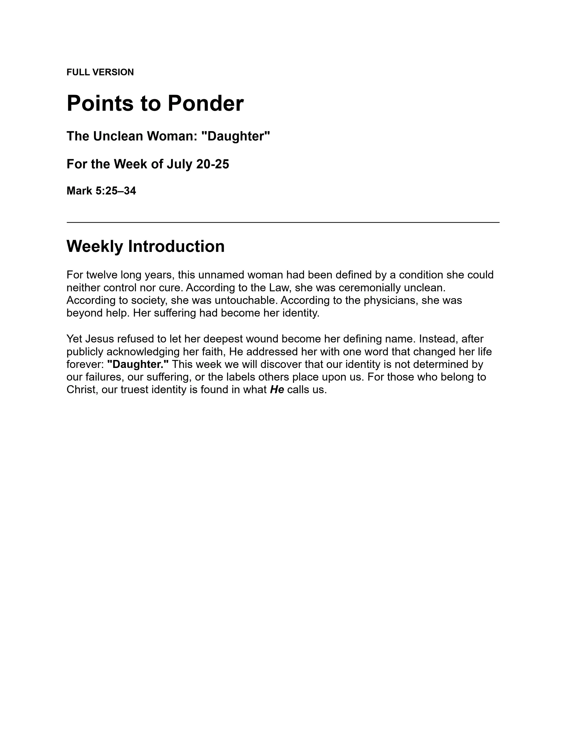 A document titled "Points to Ponder" featuring a weekly introduction to the biblical story of the unclean woman, referencing Mark 5:25-34.