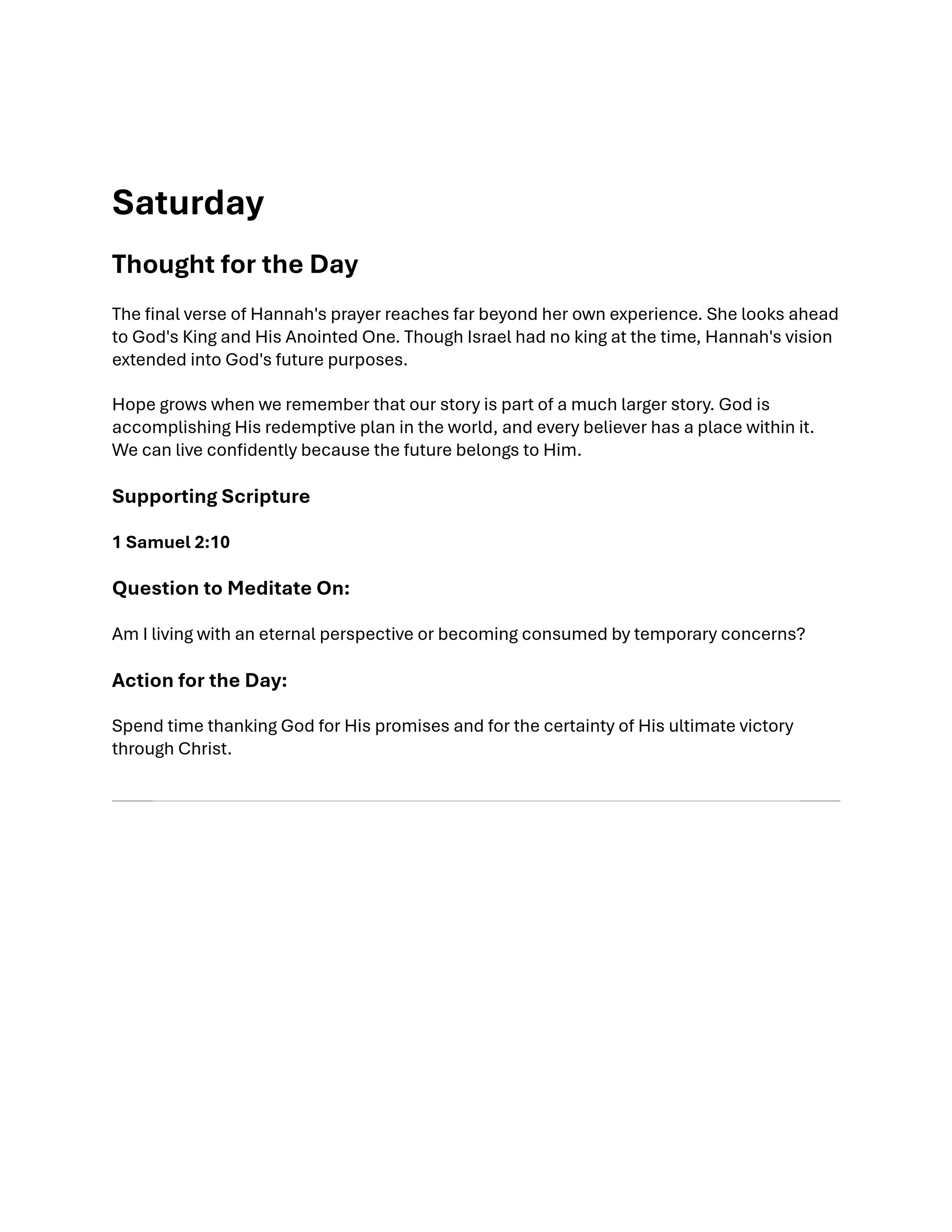 A daily devotional for Saturday with a 'Thought for the Day' about Hannah's prayer, supporting scripture, a meditation question, and an action for the day.