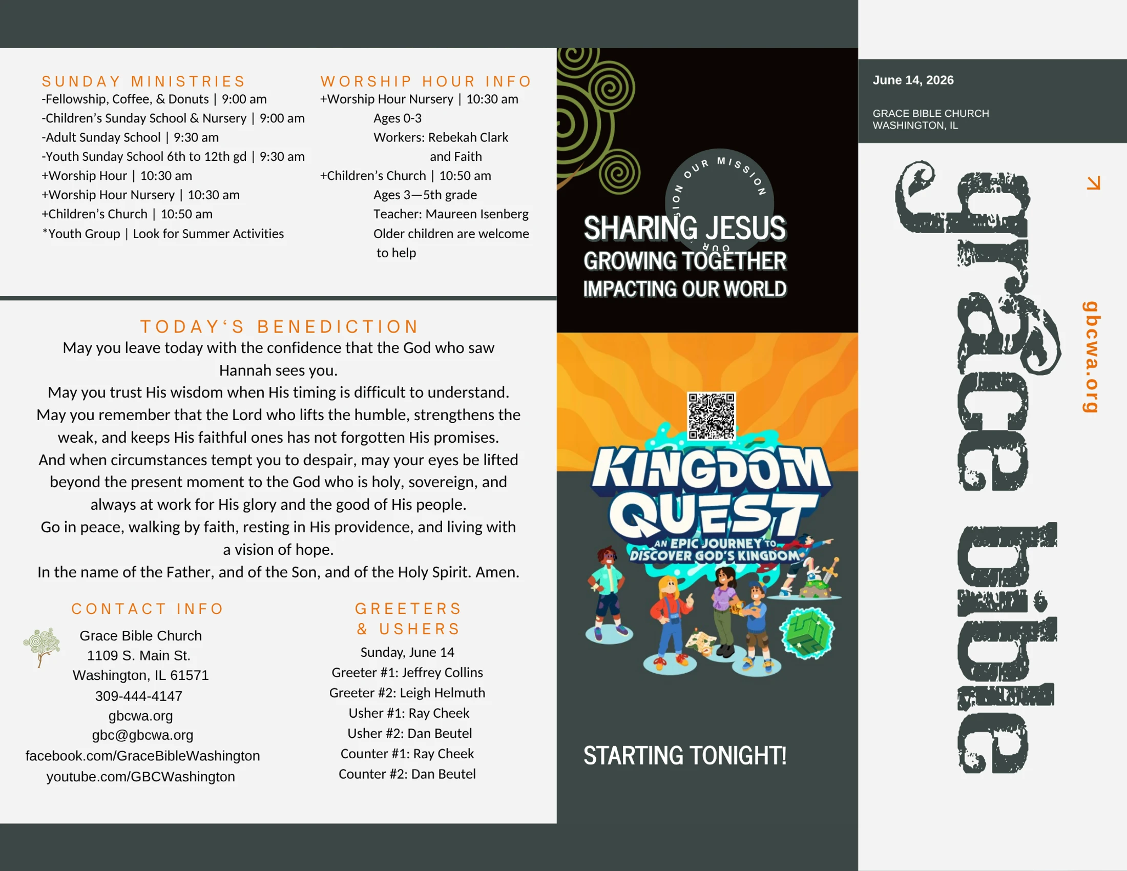 A church bulletin for Grace Bible Church. It details Sunday ministry times, a benediction, and advertises a children's event called 'Kingdom Quest'.