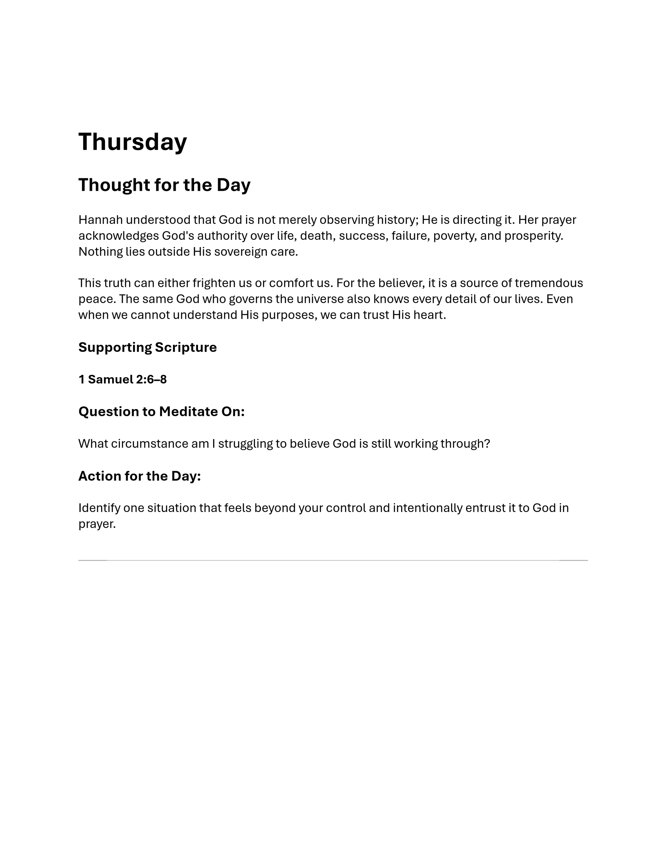 Text of a Thursday devotional. Sections include 'Thought for the Day,' 'Supporting Scripture,' 'Question to Meditate On,' and 'Action for the Day.'