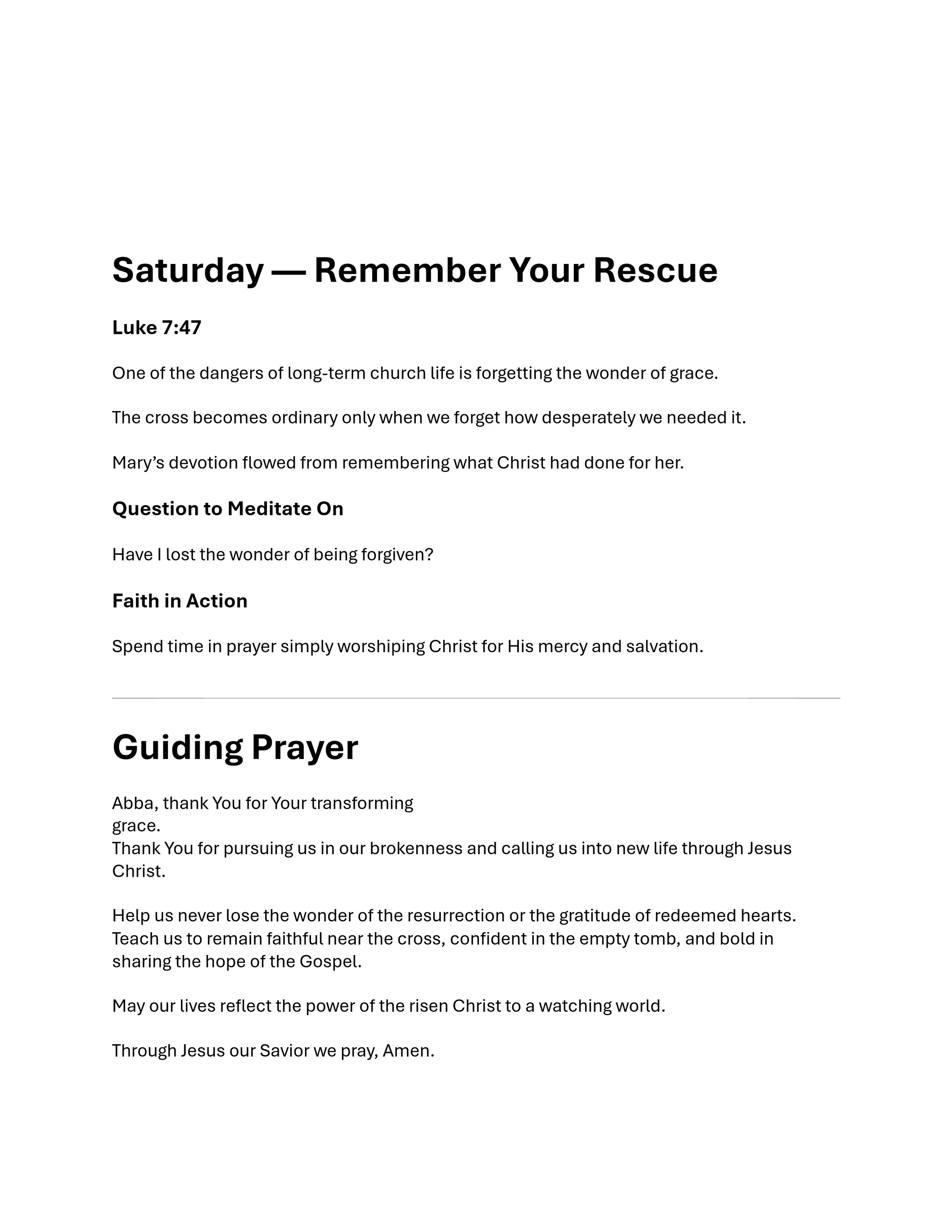 A text-based devotional titled "Saturday — Remember Your Rescue," based on Luke 7:47. It includes reflection points and a guiding prayer on God's grace.
