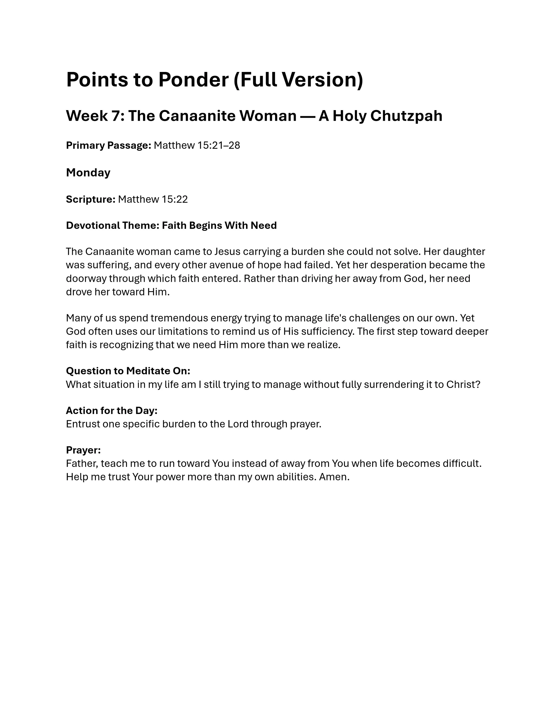 A page from a Christian devotional guide for Monday titled 'The Canaanite Woman — A Holy Chutzpah,' focusing on the theme that faith begins with need.