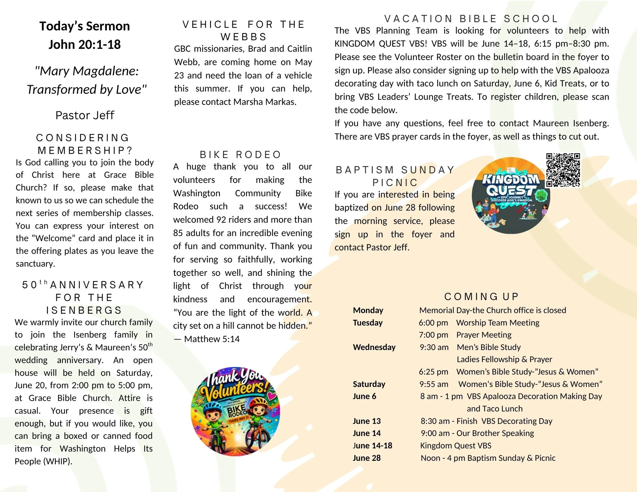 A church newsletter page with announcements for sermons, Vacation Bible School, an anniversary, a bike rodeo, and a calendar of upcoming events in June.